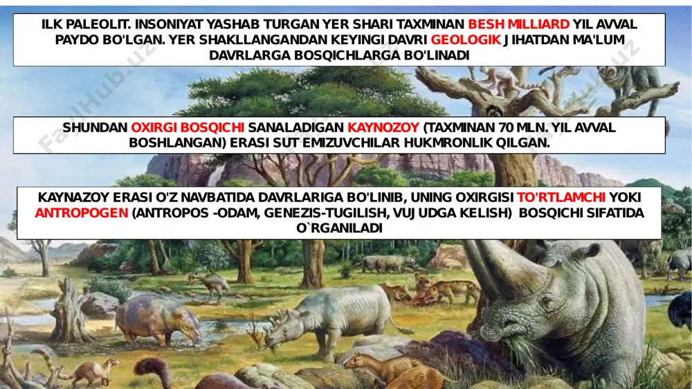 l choqmori zamonaviy tadqiqotlar davomida aniqlangan ashyoviy dalillarga ko'ra taxminan 1,5 mln. yilliklarda paydo bo'lgan ekan tosh qurolining bunday turi arxeologiya fani tilida “bifas”, deb ataladi dastlabki qol choqmorlari yirik (uzunligi 35 sm. gacha) oval yoki bodomsimon shaklga ega bo'lgan ogir mehnat quroli hisoblangan odam olovni kamida 1 million yil oldin — homo sapiens turlari paydo bo'lishidan oldin ham o'zlashtirgan. dastlab, bu tasodifiy yong'indan olov edi, keyinchalik ular sun'iy ravishda olov yoqishni o'rgandilar. odamlar o'zlashtirgan olovni yoqishning birinchi usuli-bir bo'lak yog'ochni boshqasiga ishqalash orqali olov olish edi. turli xil variantlarda bu usul odamlar yashagan deyarli hamma joyda mavjud edi. bunday holda, uchta usul ishlatilgan: burg'ulash, arralash va jo'yak o'tkazish. keyinchalik, toshni toshga yoki metallni metallga urish usuli asosida olov hosil qiluvchi texnikalar ixtiro qilind so'nggi paleolit davri yer yuzidagi oxirgi muzlik davrining oxirgi bosqichga togri keladi. bu davr davomida ibtidoiy jamoa a'zolari yangi yerlarni o'zlashtira borib yer yuzining barcha hududlariga …