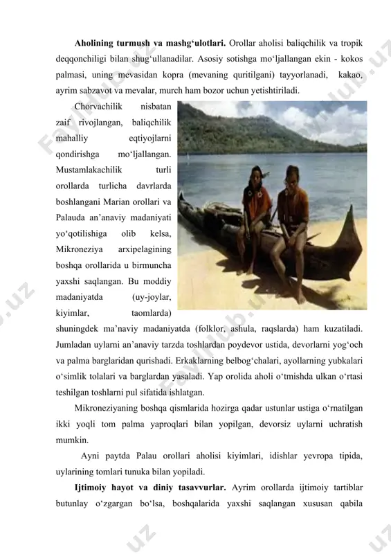 pul sifatida ishlatgan. mikroneziyaning boshqa qismlarida hozirga qadar ustunlar ustiga о‘rnatilgan ikki yoqli tom palma yaproqlari bilan yopilgan, devorsiz uylarni uchratish mumkin. ayni paytda palau orollari aholisi kiyimlari, idishlar yevropa tipida, uylarining tomlari tunuka bilan yopiladi. ijtimoiy hayot va diniy tasavvurlar. ayrim orollarda ijtimoiy tartiblar butunlay о‘zgargan bо‘lsa, boshqalarida yaxshi saqlangan xususan qabila boshliqlari hokimiyati, aholining boy qatlamlari mavqeining balandligi saqlanib kelmoqda. ayrim orollar aholisi xristianlikni qabul qilgan, boshqalarida an’anaviy diniy tasavvurlar ruhlarga, arvohlarga e’tiqod saqlangan. 4. melaneziyaliklar: antropologik tip va tillari. yangi gvineya orolidan boshqa hududlarda melaneziyaning tub aholisi melaneziyaliklardan iborat. irqiy jihatdan melaneziyaliklar qora rangli badan, lablarining qalinligi, keng burun, mо‘tadil jingalak soch, yuzining о‘rtacha kengligi bilan xususiyatlanadi. melaneziyaliklardan farqli rasa belgilari yangi kaledoniyaliklarda bо‘lib, sochlari qisqa tо‘lqinsimon, uchinchi darajali badan tuklari qalin, nisbatan baland bо‘ylari bilan xususiyatlanadilar. melaneziyada yashovchi uch yuzdan ortiq etnoslar ikki til: avstroneziya va papuas tillarida sо‘zlashadilar. melaneziyaliklar (0,7 mln. kishi) orasida eng yirik …