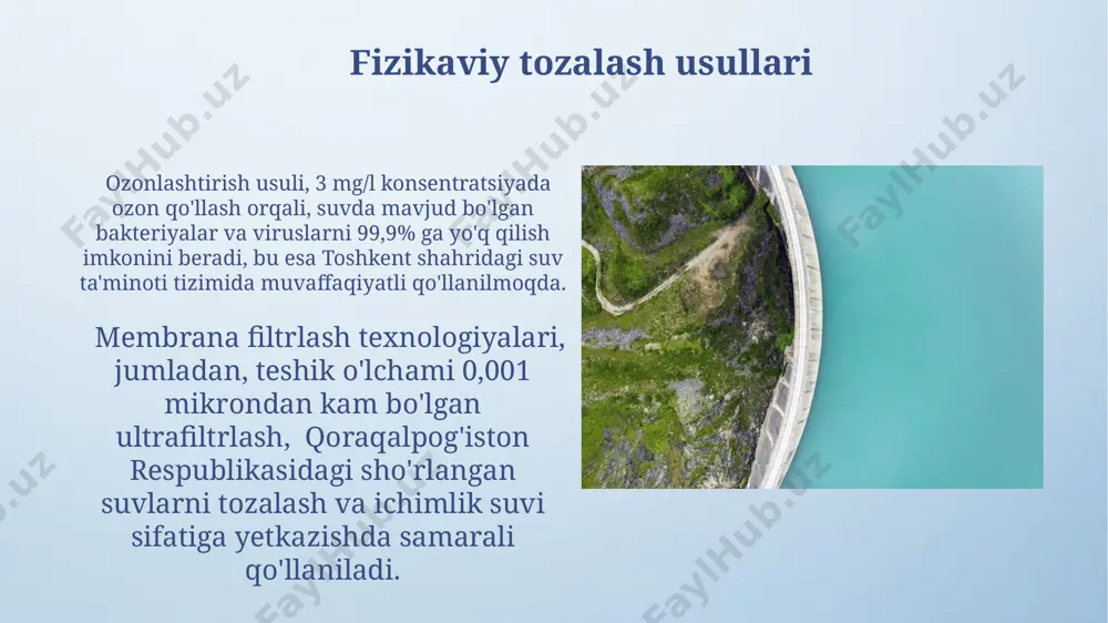 sh zavodi atrofidagi yer osti suvlarida oʻtkazilgan tahlillar, benzin va neft mahsulotlarining miqdorining 5 mg/l dan yuqori ekanligini koʻrsatdi, bu esa inson salomatligi uchun xavfli darajada yuqori hisoblanadi. daryolar va ko'llar suvining sifati farg'ona vodiysidagi ba'zi kanallar va ariqlarning suvining nitratlar miqdori 50 mg/l dan oshishi qayd etilgan bo'lib, bu qishloq xo'jaligi oqova suvlarining ifloslanishi bilan bog'liq. orol dengizi suvining tuzluluk darajasi 1960-yillarda 10 promildan 1990-yillarda 30 promilgacha oshdi, bu esa atrof-muhitga jiddiy ta'sir ko'rsatdi va aral dengizi atrofidagi hududlarning cho'lga aylanishiga sabab bo'ldi. suvning tozaligi monitoringi фарғона водийсидаги сув манбаларининг бактериологик таҳлилида, 2023 йилнинг биринчи чорагида, e.coli бактерияларининг концентрацияси 100 мл сувда 100 дан ортиқ бўлган ҳолатлар 3 та ҳудудда аниқланган. тошкент шаҳридаги сув таъминоти тизимининг 2022 йилги мониторинги натижаларига кўра, хлор миқдори 0,5 мг/л дан ошган ҳолатлар 15% гача қайд этилган. kimyoviy tozalash usullari rossiyaning moskva shahrida 3 bosqichli kimyoviy tozalash texnologiyasi qo‘llaniladi: koagulyatsiya, flokulyatsiya va filtrlash, bu …