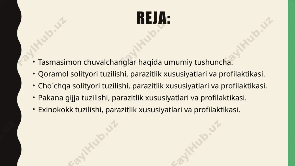 riga borib sistaserk tipidagi finna hosil qiladi. bu finna yumaloq yoki ovalsimon shaklda, ichi suyuqlik bilan to`lgan, parazitni faqat boshi va boshidagi so`rg`ichlari ko`rinadi. boshida faqat so`rg`ichlari borligi uchun qurollanmagan gijja deb ataladi. odamga finnasi go`shtni yaxshi pishirmay iste’mol qilish orqali yuqadi. odam tanasida 18-20 yilgacha yashab, 600 milliondan ortiq tuxum qo`yadi. cho`chqa solityori lotincha nomi taenia solium. tenioz kasalligini ketirib chiqaradi. asosiy xo`jayin odam, oraliq xo`jayini cho`chqa, ba’zan odam. boshida ikki qator ilmoqlari borligi uchun qurollangan gijja deb ham ataladi. 1,5-2 metrdan 6-8 metrgacha. tanasi 900 bo`g`imli. tuxumi cho’chqaga ovqat orqali yuqadi. tuxumidan cho`chqa ichagida onkosfera lichinkasi chiqadi. lichinka qon orqali muskul, jigar va boshqa a’zolariga borib sistaserk tipidagi finna hosil qiladi. odamga finnasi go`shtni yaxshi pishirmay iste’mol qilish orqali yuqadi. bu parazitda autoinvaziya kuzatiladi. ya’ni, odam ichagiga qo`ygan tuxumidan odam tanasida lichinka chiqadi. bu lichinka odamning ko`zi, miyasi, o`pkasi va yuragida finna hosil qiladi. yuqtirmaslik uchun cho`chqa go`shtini …