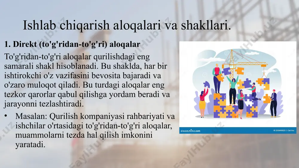 b chiqarish aloqalarining ahamiyati. 1. samarali boshqaruvni ta'minlash. qurilishda ishlab chiqarish aloqalari samarali boshqaruvni ta'minlaydi. boshqaruvning to'g'ri tashkil etilishi, har bir ishtirokchi (arxitektor, muhandis, pudratchi, sub-podryadchilar) o'rtasida o'zaro aniq va o'z vaqtida aloqalar o'rnatilishi kerak. samarali aloqalar jarayonni optimallashtiradi, ishlar o'z vaqtida bajariladi va resurslar ortiqcha sarflanmaydi. ishlab chiqarish aloqalari va shakllari. 2. resurslarni tez va to'g’ri ta'minlash. qurilish loyihalarida resurslar (materiallar, ishchi kuchi, texnik jihozlar va h.k.) samarali ta'minlanishi zarur. ishlab chiqarish aloqalari resurslar ta'minoti, yetkazib berish va sarflanishini boshqarishda muhim rol o'ynaydi. to'g'ri aloqalar orqali, kerakli materiallar va jihozlar o'z vaqtida yetkaziladi va qurilish jarayoni to'xtab qolmaydi. ishlab chiqarish aloqalari va shakllari. 3. xavfsizlikni ta'minlash. qurilishda xavfsizlikni ta'minlash juda muhim. ishlab chiqarish aloqalari ishchilar o'rtasida xavfsizlik protokollarini o'rnatish va ularni bajarishga yordam beradi. o'zaro aloqalar, shu jumladan xavfsizlik bo'yicha qo'llanma va amaliyotlar, ishchilarning xavfsizligini ta'minlaydi va jarohatlarning oldini oladi. ishlab chiqarish aloqalari va shakllari. 4. loyihani keng ko'lamli …