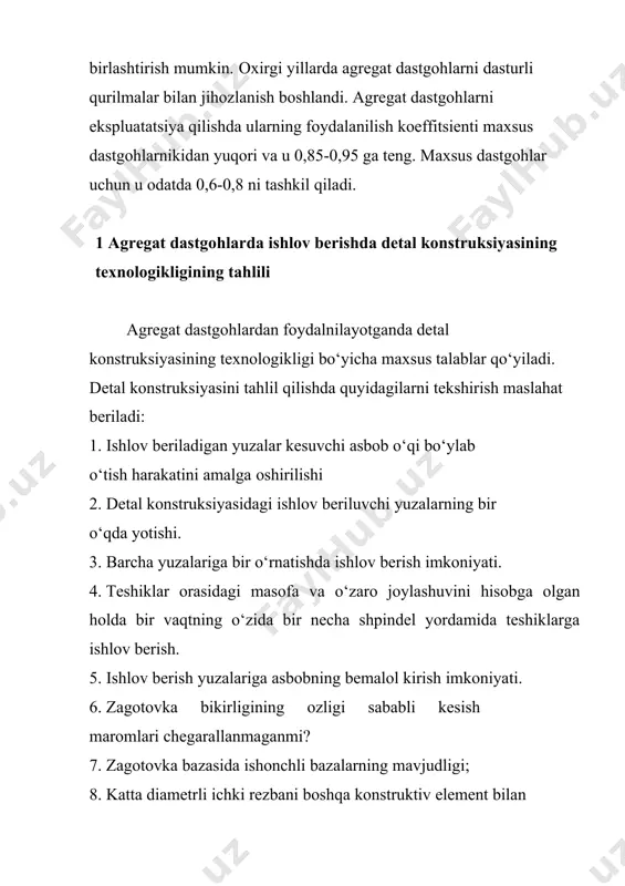 v beriladigan yuzalar kesuvchi asbob o‘qi bo‘ylab o‘tish harakatini amalga oshirilishi 2. detal konstruksiyasidagi ishlov beriluvchi yuzalarning bir o‘qda yotishi. 3. barcha yuzalariga bir o‘rnatishda ishlov berish imkoniyati. 4. teshiklar orasidagi masofa va o‘zaro joylashuvini hisobga olgan holda bir vaqtning o‘zida bir necha shpindel yordamida teshiklarga ishlov berish. 5. ishlov berish yuzalariga asbobning bemalol kirish imkoniyati. 6. zagotovka bikirligining ozligi sababli kesish maromlari chegarallanmaganmi? 7. zagotovka bazasida ishonchli bazalarning mavjudligi; 8. katta diametrli ichki rezbani boshqa konstruktiv element bilan almashtirish imkoniyati; 9. detal konstruksiyasida yopiq turdagi shponka ariqchalarining mavjudligi. bunday ariqchalarga ishlov berish barmoq freza orqali amalga oshiradi, bu esa dastgoh ishchi organlarining kinematik harakatini murakkablashtiradi va ishlov berish vaqtini ko‘paytiradi. ariqchalar imkon qadar ochiq turda bo‘lishi kerak, bu dastgonning oddiy kinematikasini talab qiladigan diskli freza orqali ishlov berish imkonini beradi. 2 agregat dastgohlarda detallarga ishlov berish jarayonlarini qurishning o‘ziga xos xususiyatlari avvalo detallarga ishlov berish umumiy xomaki texnologik marshruti …