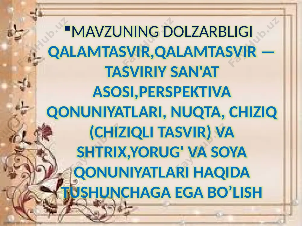 miy didaktik maqsadni (yangi tasviriy san'at atamalarini, tushunchalarni o'zlashtirish, amaliy ko'nikma va malakalarini rivojlantirish, samarali ish metodlarini shakllantirish) aniqlash. o'quv materialining mazmunini belgilashda o'quvchilarning yosh xususiyatlarini hisobga olib, dars materialining hajmi va murakkabligini belgilash. o'quv materialining mazmunini tevarak-atrof bilan bog'lash, o'tilgan materiallarni amaliy mashg'ulotlar bilan bog'lash; o'quvchilarni mustaqil ijodiy ishlarining tizimini aniqlash, darsning jihozi hamda asosiy adabiyotlar manbalarini belgilash. darsning didaktik va tarbiyaviy vazifalarini aniqlash. amaliy ijodiy ishlarini kompozitsiya jihatdan murakkabligi o'quvchilarning yosh xususiyatlarini, fazilatlarini hisobga olgan holda mos bo'lishi kerak. o'quv materialining mazmuni va didaktik maqsadlariga mos keladigan ta'lim metodi va usullarini tanlash. didaktik vazifalar darsning o'zida bajarilishi. o'quv materialining mazmunini rejalashtirish vaqtida dastur doirasidan chiqmaslik. qalamtasvir qalam va rangtasvir pedagogika kollejlarida o`rganiladigan maxsus o`quv fanlaridan biri bo`lib, uning asosiy maqsadi, jismlarning o`ziga qarab rasm chizish, o`quvchilar fikrlash jarayonini va kuzatishini maqsadga muvofiq holda olib borish, ularni tahlil qila bilish kabi jihatlarni o`rgatadi. qalam va rangtasvir o`z mohiyati va …