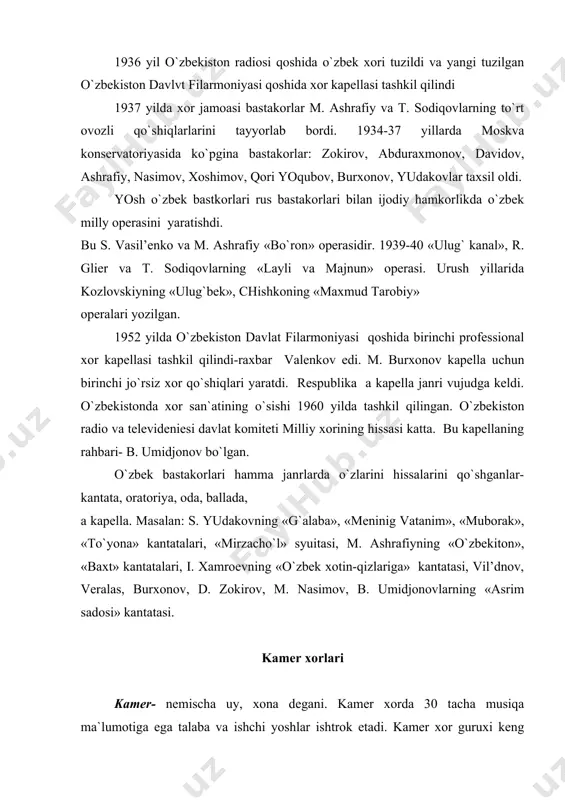 xor guruxi keng tarqalgan, sabab katta gurux akademik xorni tuzish uchun kerakli ovozlar, ko`p xonandalar, maxsus joy kerakligi kabi muammolarning yo`qligidir. ba`zi kamer xorlar professional jamoalarga aylangan. kamer xorining ikki shakli mavjud: professional havaskorlar bu xorlarda ovozlarning joylanishi ham boshqacha bo`ladi. masalan: shou boshchiligidagi amerika xori kvartet uslubida tuzilgan. (partiyalar emas, s. a.t.b) bu xorlarda klassik va zamonaviy xor asarlaridan iborat repertuar ishlatiladi. ba`zi bastakorlar kamer xorlar bilan doimiy ijodiy bog`lanishda bo`lishadi. masalan: sviridov «pushkin gulchambari» va boshqa asarlarini moskva kamer xoriga yozgan. bizda sh. yormatov – «bulbulcha» bolalar xori uchun, b. umidjonov tele –radio komiteti xori uchun yozgan. opera xorlari opera xor ijrochiligining o`ziga xos xususiyati bor. xor sadolari ostida eshitilmay qolmasligi uchun nyuanslar katta ahamiyatga ega. (fraza tovush tusi) operada xor dekarativ fan vazifasini bajarishdan tashqari operaning dramaturgiyasida faol qatnashdi va uning ijrosi sahna harakati bilan bog`liqdir. sahnadagi mizanstsenlar xonandalarga raxbarni ko`rishga xalaqit berishadi. shuning uchun xormeysterlar sahna …