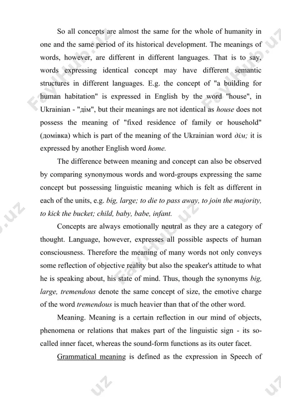 the grammatical meaning is more abstract and more generalised than the lexical meaning. it is recurrent in identical sets of individual forms of different words as the meaning of plurality in the following words students, boob, windows, compositions. lexical meaning. the definitions of lexical meaning given by various authors, though different in detail, agree in the basic principle: they all point out that lexical meaning is the realisation of concept or emotion by means of a definite language system. 1) the component of meaning proper to the word as a linguistic unit, i.e. recurrent in all the forms of this word and in all possible distributions of these forms. / ginzburg r.s., rayevskaya n.n. and others. 2) the semantic invariant of the grammatical variation of a word / nikitin m.v./. 3) the material meaning of a word, i.e. the meaning of the main material part of the word which reflects …