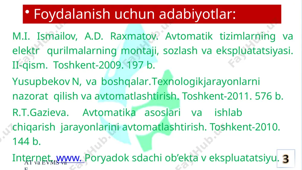 itation tilidan olingan bo‘lib ekspluatatsiya qilish, ya’ni foydalanish ma’nosini bildiradi.  ekspluatatsiya – qoidalari va tartibi nechi bo’limdan iborat? ekspluatatsiya qilishning tartibi 3 ga bo‘linadi va bular quyidagilardan iborat: 1. inson huquqlari. 2. foydalanish qoidalari 3. qurilish me’yorlari va qoidalari  avtomatlashtirish vositalarini ekspluatatsiyasi? past kuchlanishli boshqarishni ekspluatatsiyasi himoya vositalarini ekspluatatsiyasi avtomatik texnik vositalari, ijrochi mexanizmlar, rostlagichlarning ekspl  sx ga oid avtomatik tizimlarni ekspl? at va evms va e  gti, mns, isns, chns, tsns larning ekspluatatsiyasi «ekspluatatsiya qilishning o‘zi nima uchun kerak» (lavha) at va evms va e ekspluatatsiya qilishning o’zi nima u/n k/k inson huquqlari ishlab chiqarish korxanalarida inson mehnatidan foydalanish foydalanish qoidalari qurilish me’yoriy qoidalari nasоs stansiyalarni ekspl akt at va evms va e x u l o s a ob’ektlarni ekspluatatsiyaga topshirish tartibi bo‘yicha birinchi bo‘lib ekspluatatsiya haqida umumiy tushunchalar ega bo‘lish bilan iborat. ishlab chiqarish va texnologik jarayonli ob’ektlarni rekanstruksiya qilish bo‘yicha sifatini baholash …