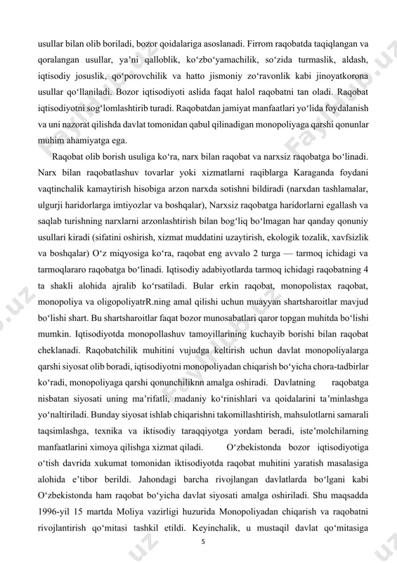 istik faoliyatni cheklash toʻgʻrisida"gi (1992-yil 3 avgust) qonunga koʻra, narxlarni monopollashtirish, bozorda ataylab taqchillik yaratish, raqobatning gʻirrom usullarini qoʻllash man etiladi. "isteʼmolchilarning huquqdarini himoya qilish toʻgʻrisida"gi (1996-yil 26 aprel) qonuniga asosan, gʻirrom raqobatga yoʻl qoʻymaydigan mexanizmni yaratishga ham alohida eʼtibor berilgan. "tovar bozorlarida monopolistik faoliyatni cheklash va raqobat toʻgʻrisida" (1996-yil 27 dekabr) qonunida ham sogʻlom raqobat muhitining huquqiy shartsharoitlari taʼminlab berilgan. raqobat bor joyda rivojlanish boʻladi soʻnggi yillarda mamlakatimizda davlatimiz rahbari tomonidan olib borilayotgan iqtisodiy islohotlar natijasida makroiqtisodiy koʻrsatkichlarimiz barqaror oʻsib bormoqda. jumladan, 2019-yil yakuni boʻyicha yalpi ichki mahsulot hajmi oʻtgan yilga nisbatan 5,6 foizga oʻsib, 511,8 trln.soʻmni, aholining real daromadlari 6,5 foizga oʻsib, 344,7 trln. soʻmni, tashqi savdo aylanmasi 26,2 foizga oʻsib, 42,2 mlrd. aqsh dollarini tashkil etdi. hozirgi sharoitda mamlakatning barqaror rivojlanishini taʼminlash, fuqarolarning turmush farovonligini oshirish, jahonda oʻzaro foydali hamkorlikni kengaytirish uchun jahon iqtisodiyotida munosib oʻrinni egallash zarur va buning uchun albatta iqtisodiyotning raqobatbardoshligini taʼminlash masalasi ustuvor …