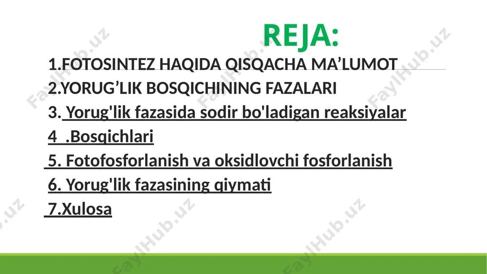 rokimyoviy energiya → atp bog'lanish energiyasi(energiya konvertatsiyasi elektronlar va vodorod protonlarining tilakoid membranasi orqali maxsus tashuvchilar yordamida o'tishi bilan bog'liq). 3. boshlovchi moddalar: suv, vodorod tashuvchisi nadp 4. yakuniy mahsulotlar: atp, o 2, nadp-qaytarilgan. fotosintezning asosiy pigmentlari turli xil xlorofilllardir. ularning molekulalari ma'lum, qisman turli xil yorug'lik spektrlarining nurlanishini ushlaydi. bunday holda, xlorofill molekulalarining ba'zi elektronlari yuqori energiya darajasiga o'tadi. bu beqaror holat bo'lib, nazariy jihatdan elektronlar xuddi shu nurlanish orqali tashqaridan olingan energiyani kosmosga berishi va oldingi darajaga qaytishi kerak. biroq, fotosintetik hujayralarda qo'zg'atilgan elektronlar qabul qiluvchilar tomonidan ushlanadi va ularning energiyasi asta-sekin kamayishi bilan tashuvchilar zanjiri bo'ylab uzatiladi. tilakoid membranalarda yorug'lik ta'sirida elektronlar chiqaradigan ikki turdagi fototizimlar mavjud. fototizimlar asosan xlorofill pigmentlaridan iborat murakkab kompleks boʻlib, reaksiya markazidan elektronlar ajralib chiqadi. fototizimda quyosh nuri juda ko'p molekulalarni ushlaydi, ammo barcha energiya reaktsiya markazida to'planadi fototizim i elektronlari tashuvchilar zanjiridan o'tib, nadp ni tiklaydi. ii fototizimdan ajralgan elektronlarning energiyasi …