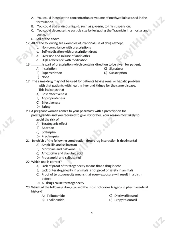 he following formula. you prepare this prescription and notice that the suspension settles extremely fast, such that within 30 seconds it has completely settled. rx tracmicin: 250 mg/ml 2% methylcellulose: 10 ml vanillin (ﬂavoring agent): 0.2% water qs ad: 100 ml which of the following techniques could be used to decrease the rate of settling? a. you could increase the concentration or volume of methycellulose used in the formulation. b. you could add a viscous liquid, such as glycerin, to this suspension. c. you could decrease the particle size by levigating the tracmicin in a mortar and pestle. d. all of the above. 17. all of the following are examples of irrational use of drugs except b. non-compliance with prescriptions c. self-medication with prescription drugs d. over use and misuse of antibiotics e. high adherence with medication 18. ______ is part of prescription which contains direction to be given for …