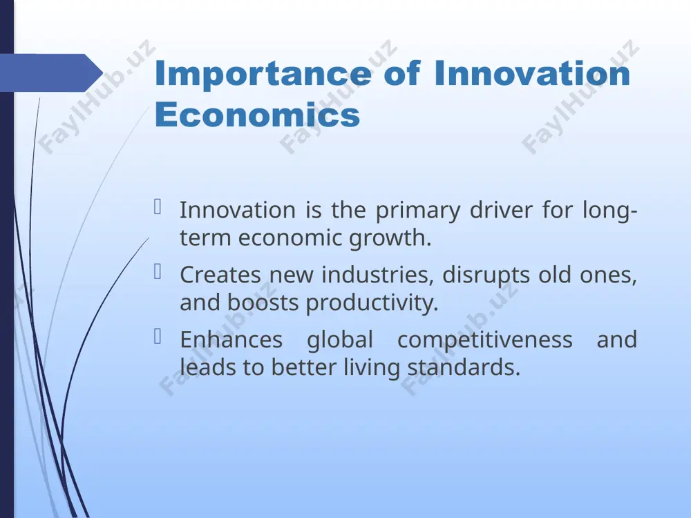 overnments can offer grants and tax incentives to support innovation. simplifying regulatory processes can help accelerate innovation. collaboration between firms and governments can reduce the risk of market rejection. examples of continuous innovation apple: regularly launching new iphone models and software updates. tesla: innovating in electric vehicles and renewable energy. google: continuously improving its ai and search algorithms. global impact of innovation innovation fosters global competitiveness by allowing countries and companies to lead in new industries. cross-border collaboration in innovation leads to rapid technological advancements. global innovation accelerates development in key sectors like healthcare, renewable energy, and technology. conclusion innovation is the foundation for long-term economic growth. governments, businesses, and entrepreneurs must foster a culture of continuous innovation. embracing innovation ensures global competitiveness and sustainable economic development. /docprops/thumbnail.jpeg