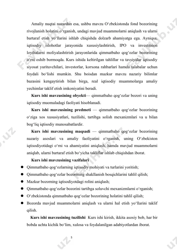 i bo‘lib xizmat qiladi. qimmatbaho qog‘ozlar deganda, keng ma’noda, ularning iqtisodiy, huquqiy va moliyaviy mazmuni tushuniladi. iqtisodiy nuqtai nazardan, qq — bu kapitalning harakat shakli, u jamg‘arma vositasi sifatida faoliyat yuritadi va investor bilan emitent (chiqaruvchi tomon) o‘rtasida moliyaviy munosabatni yuzaga keltiradi. huquqiy jihatdan esa, qq egalik, qarz yoki boshqa huquqni tasdiqlovchi hujjatdir. moliyaviy nuqtai nazardan, bu vosita investor uchun daromad olish, emitent uchun esa mablag‘ jalb qilish vositasi bo‘lib xizmat qiladi. qimmatbaho qog‘ozlar iqtisodiy munosabatlarni hujjatlashtirishda, investitsiya jarayonlarini rasmiylashtirishda, korxona kapitallarini jalb qilishda va ikkilamchi bozorda sarmoya aylanishini ta’minlashda muhim o‘rin egallaydi. qq lar yordamida iqtisodiyotning turli tarmoqlari, jumladan, davlat, banklar, sanoat korxonalari, infratuzilma subyektlari o‘z investitsion ehtiyojlarini moliyalashtirish imkoniga ega bo‘ladilar. bu orqali kapital bozorida aylanma kapitalning tezkor harakati ta’minlanadi. qimmatbaho qog‘ozlar ko‘plab mezonlar asosida tasniflanadi. ularning tasniflanishi ularni chiqarish shakli, muomalaga chiqarilish muddati, egalik huquqi, daromad shakli, emissiya qilish tartibi kabi mezonlarga bog‘liq. 1. egalik huquqiga ko‘ra: …