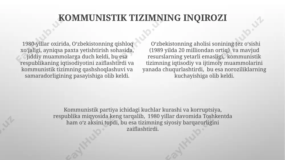 higa turtki boʻldi. sovet davrida taqiqlangan 200 dan ortiq oʻzbek yozuvchisi va shoirining asarlari qayta nashr etildi, bu esa mamlakatning madaniy merosini qayta kashf etishga olib keldi va samarqand kabi shaharlarda yangi madaniy markazlar tashkil etildi. jamiyatdagi ijtimoiy taranglik uzbekistanning janubiy viloyatlarida, xususan, surxondaryo va qashqadaryoda, suv resurslari taqsimoti atrofida yuzaga kelgan muammolar, qishloq xo'jaligida ishlaydigan 2 millionga yaqin aholi orasida keskinlikni oshirdi. 1980-yillar oxirida andijon va farg'ona vodiysi hududlarida paxta yetishtirishga majburlash natijasida yuzaga kelgan ijtimoiy-iqtisodiy taranglik, aholi orasida noroziliklarning kuchayishiga olib keldi. milliy ozchiliklarning huquqlari masalasida 1990-yillar boshida toshkent va samarqand kabi yirik shaharlarda yuzaga kelgan norozilik namoyishlari ijtimoiy taranglikning keskin oshganini ko'rsatdi. ijtimoiy-siyosiy oʻzgarishlarning natijalari совет иттифоқининг парчаланиши натижасида ўзбекистоннинг тошкент, самарқанд ва бухоро каби йирик шаҳарларида миллий ҳукуматнинг ўрнатилиши 10 миллиондан ортиқ аҳоли учун муҳим аҳамиятга эга бўлди. ўзбекистоннинг мустақилликка эришиши натижасида 1992 йилда қабул қилинган янги конституция, 120 дан ортиқ моддаси билан давлатнинг сиёсий тизимини …