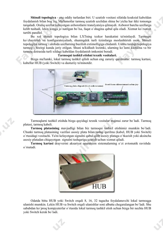 yl-serverning boshqa tur serverlarini sanab utish mumkin. masalan: printer, modem, faksimil aloqa uchun qurilma. fayl-server resurslarini boshqaruvchi va ko`pgina tarmoq foydalanuvchilari uchun ruxsat beruvchi dasturiy tarmoq ta'minoti tarmoqning operatsion tizimi deb ataladi. uning asosiy qismi fayl-serverda joylashadi; ishchi stantsiyada faqat resurs va fayl-server orasidan murojaat qilinadigan dasturlar oraligidagi interfeys rolini bajaruvchi uncha katta bo`lmagan qobiq joylashtiriladi. ushbu tamoyil doirasida ishlashga mo’ljallangan dastur tizimlari foydalanuvchiga fayl-serverdan foydalanish imkonini beradi. qoida bo’yicha ushbu dasturli tizimlar fayl-serverda saqlanishi va barcha foydalanuvchilar tomonidan bir vaqtda foydalanilishi mumkin. lekin bu dasturlarning modullarini bajarish uchun zarur bo`lganda foydalanuvchi kompyuteriga ya'ni ishchi stantsiyasiga o’tkaziladi va kerakli ishni bajaradi. bunda barcha ma'lumotlarni qayta ishlash (agar ular umumiy resurs bo`lsa va faylli serverda saqlanayotgan bo`lsa ham) foydalanuvchining kompyuterida amalga oshiriladi. shubxasiz buning uchun ma'lumotlar saqlangan fayllar foydalanuvchining kompyuteriga ko’chirilishi kerak. ikkinchi tamoyil “klient-server” arxitektura deb ataladi. uning dasturiy ta'minoti resurslardan jamoa bo`lib foydalanishgagina mo’ljallanib qolmay, ularni qayta ishlash va …