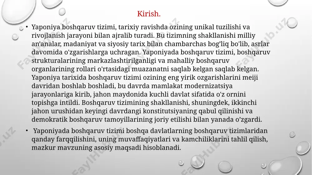 upatsiya davrida iqtisodiy tizimni liberallashtirish va modernizatsiya qilish bo'yicha islohotlar amalga oshirildi. boshqa yirik o'zgarishlar ichida yer islohotlari, ishchi huquqlarini himoya qilish,sanoatni modernizatsiya qilish va iqtisodiy taraqqiyotga urg'u berish bo'yicha qadamlar qo'yildi. harbiy islohotlar: yaponiyaning urushga kirishi va urushda mag'lub bo'lishi natijasida, 1947-yildagi yangi konstitutsiya yaponiyani "urushdan saqlanish" va "yurish kuchlarini saqlash"ga taqiq qo'ygan. bu esa yaponiyaning harbiy tizimini tubdan o'zgartirib, faqat mudofaa kuchlari bilan cheklashga olib kiradi. 2.yaponiyaning boshqaruv tizimi va tashkilotlari. markaziy hukumat va mahalliy boshqaruv tizimi: yaponiya hukumati, konstitutsiyaga ko'ra, parlament demokratik tizimga asoslangan bolib, uning boshqaruvi kuchli markaziy tizimga ega. markaziy hukumat ikki asosiy organ - imperator va parlamentdan iborat.imperator, konstitutsiyaviy boshqaruvda barcha rasmiy faoliyatlar uchun tantanali vakolatga ega bo'lsa-dasiyosatga ta'sir ko'rsatish huquqiga ega emas. asosiy boshqaruv funksiyalari bosh vazir (yangiliklar majlisi boshlig'i), parlament va hukumat kengashi tomonidanamalga oshiriladi. mahalliy boshqaruv tizimi: yaponiyaning mahalliy boshqaruv tizimi mamlakatning 47 ta hudud va 4 ta asosiy o’lkalariga (honkay, …