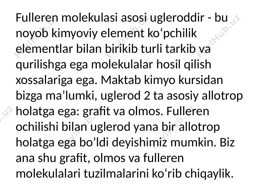 ri va spiralsimon. bundan tashqari, ular kutilmagan elektrik, mag- nitik, optik xossalarini namoyish qilishmoqda. maqsadga muvofiq ravishda naychalar ichiga boshqa materiallar atomlarini kiritish yo’li bilan nanonaychalarning elektron xossalarini o‘zgartirish mumkin. ko‘pqatlamli fullerenlar va nanonaychalar ichidagi bo‘shliqlar anchadan buyon olimlar diqqatini tortar edi. tajribalardan ko‘rinishcha, fulleren ichiga qaysidir materialning atomi kiritilsa, bu uning elektrik xossalarini o‘zgartirib yuborishi va hattoki izolatorni o‘ta o‘tkazgichga aylantirib yuborishi mumkin ekan. shunday yo‘l bilan nanonaychalar xossalarini ham o‘zgartirish mumkinmi? olimlar nanonaychalar ichiga avvalo gadoliniy atomlari kiritilgan fullerenlar zanjirini joylashga erishdilar. bunday g‘aroyib strukturaning elektrik xossalari oddiy, bo‘shliqli nanonaychalar hamda ichida bo‘sh fullerenli nanonaychalar xossalaridan kuchli ravishda ajralib turadi. bunday birikmalar uchun maxsus kimyoviy belgilar ish- langan. yuqorida ta'riflangan struktura quyidagicha belgilanadi: gd@ c60@swnt, bu gd ichida c60 ichida swnt bir qatlamli nanonaycha. gd@ c60@swnt yana bir misol - nanonaychadan tekshiruvchi mikroskop ignasi sifatida foydlaniladi. odatda, bunday igna juda o’tkirlashgan volframli igna ko’rinishida bo’ladi, ammo atomlar o’lchovida …