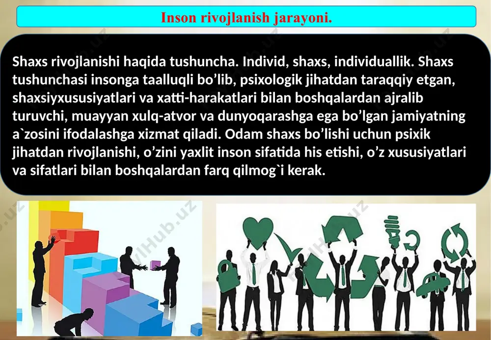 ijtimoiy sifatlar tarkib topib, ilmiy asoslangan mustaqil fikr shakllanadi. ijtimoiy taraqqiyot tashqi va ichki, boshqariladigan va bosh qarilmaydigan omillar bilan kishiga ijobiy ta’sir etish, ya’ni shaxsning shakllanish jarayoni. insonning ijtimoiy taraqqiyotida maqsadga yo‘naltirilgan ta’lim-tarbiya etakchi o‘rinni egallaydi. pedagogik faoliyat jamiyatning ta’lim-tarbiyaga bo‘lgan ehtiyojini qondirish maqsadida umuminsoniy sifatlar va fazilatlarni shakllantirishni ilmiy asoslangan reja-dasturga muvofiq amalga oshirish, ya’ni avlodni hayotga tayyorlaydigan ijtimoiy zarur faoliyat turi. according to the plan, the generations to prepare a social activity.educational process - teachers or tutors, students or schools between information and knowledge, training, decent, well functioning relations system.pedagogical principles (principles) through the relationship between the teacher and the students of knowledge, size and content, as well as school supplies, and spiritual aspects of pupils necessary to follow the laws of origin correlates. teaching experience - education and training on the principles of pedagogy and education to the specific methods and the methods adopted and put …
