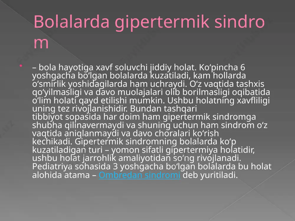 lyutsinatsiyalarga sabab boʻladi. ogʻir koʻrinishlarida bola xohlamagan holda peshob va najas ajralishi kuzatiladi. qorin sohasida qon tomirlar spazmi hisobiga ogʻriqlar paydo boʻlishi ham mumkin. 1 yoshgacha boʻlgan bolalarda gipertermik sindrom koʻpincha oʻpka shishi bilan asoratlanadi. bolalarda gipertermik sindrom davosi davo muolajalari statsionar sharoitda olib boriladi yoki ogʻir holatlarda reanimatsiya boʻlimlarida. tana haroratini normal koʻrsatkichga keltirish va boshqa simptomlarni bartaraf etish kerak boʻladi. eng muhim tana harorati sekin astalik bilan tushirib borilishi zarur, shunda yurakka tushadigan zoʻriqish oldi olinadi. agar teri qoplamasi issiq boʻlsa – fizik usullar qoʻllaniladi, teriga muz solingan xaltacha, sochiq qoʻyish. bolalarga tana harorati pasaytiruvchi nosteroid yalligʻlanishga qarshi preparatlar buyuriladi, ammo bu usullar bolalarda gipertermik sindromni bartaraf etish uchun yetarli boʻlmasligi mumkin. sirkulyatsiya buzilishida steroid preparatlar va askorbin kislotadan foydalaniladi, bu vositalar kapillyarlar oʻtkazuvchanligini normallashtiradi. regidratatsion terapiya oʻtkaziladi: qayt qilish kuzatilamasa, koʻproq suv ichish, tuzli eritmalar peroral qabul qilish buyuriladi, boshqa holatlarda vena ichiga tuzli eritmalar yuboriladi. periferik …