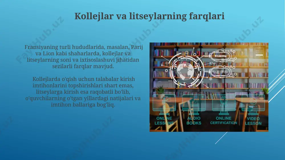 'zlarining qobiliyatlariga va kelajakdagi kasb tanloviga qarab, 20 dan ortiq turli professional-texnik yoki akademik mutaxassisliklarni tanlashlari mumkin. o'qituvchilarning roli va tayyorgarligi fransiyaning ikki tomonlama ta'lim tizimida o'qituvchilar, o'rtacha 5 yillik oliy ma'lumotdan so'ng, regiondagi pedagogika kollejlari va universitetlari orqali malaka oshirishadi. taxminan 80% o'qituvchilar milliy ta'lim vazirligining o'quv dasturlarini va standartlarini to'liq qo'llaydi, bu esa mamlakat bo'ylab ta'lim sifatining bir xilligini ta'minlashga yordam beradi. talabalarning tanlovi va yo'nalishi professional taʼlim yoʻnalishlari, masalan, 2 yillik cap diplomini olganlar, tezyurar ishlash imkoniyatini beradi, lekin keyinchalik oliy maʼlumot olish uchun qoʻshimcha harakatlar talab qiladi va bu lion singari shaharlarda ham ahamiyatga ega. litseniy oʻquvchilari 3 yildan soʻng bakalavr dasturiga kirish imkoniyatiga ega boʻlib, bu ularning tanlovini taʼsir qiladi va shuningdek, parij kabi yirik shaharlarda raqobat ancha yuqori boʻladi. imtihonlar va baholash tizimi kasb-hunar ta’limi yo‘nalishida, masalan, parij shahridagi hunar kollejlari bitiruvchilari uchun amaliy ko‘nikmalarga asoslangan 30% amaliy va 70% nazariy bilimlarni o‘z ichiga …