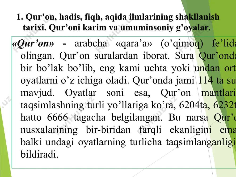 iq qilinadi, insoniylik sha’niga dog‘ tushiradigan yomon sifatlar qoralanadi. hijriy 3-asrda hadis taʼlif etish sohasida „musnad“, „sahih“, „sunan“ deb atalmish turli yoʻnalishlar vujudga keldi. „musnad“ yoʻnalishida tasnif etilgan toʻplamlarda turli mavzudagi hadislar bir joyda keltirilib, ular hadis rivoyat qiluvchi sahobalarning islom dinini qabul qilgan vaqtiga koʻra yoki alifbo tartibida joylashtirilgan. abu hanifa, ahmad ibn hanbalarning hadis kitoblari shu yoʻnalishga mansub. „sahih“ yoʻnalishiga to‘gʻri, ishonarli hadislar kiritilgan. bu yoʻnalishga imom buxoriy asos solgan. „sunan“ yoʻnalishidagi toʻplamga esa, toʻgʻri, ishonarli hadislar bilan bir qatorda „zaif“ hadislar ham kiritilgan. abu dovud, abu iso termiziy, nasoiy, ibn moja toʻplamlari shu yoʻnalishga mansubdir. fiqh – islom huquqshunosligi sohasi sifatida viii-x asrlarda shakllandi va uning metodologiyasi vujudga keldi. fiqh ilmi mustaqil huquqshunoslik sohasi sifatida rivojlana borib, ijtimoiy hayotning barcha jabhalariga oid bo‘lgan masalalarni qamrab olgan: iymon asoslari, aqida talablari, inson turmush tarziga xos bo‘lgan muomala, ahloq, ibodat qonun qoidalari. bu jarayon ikki yarim asr davom etib, …