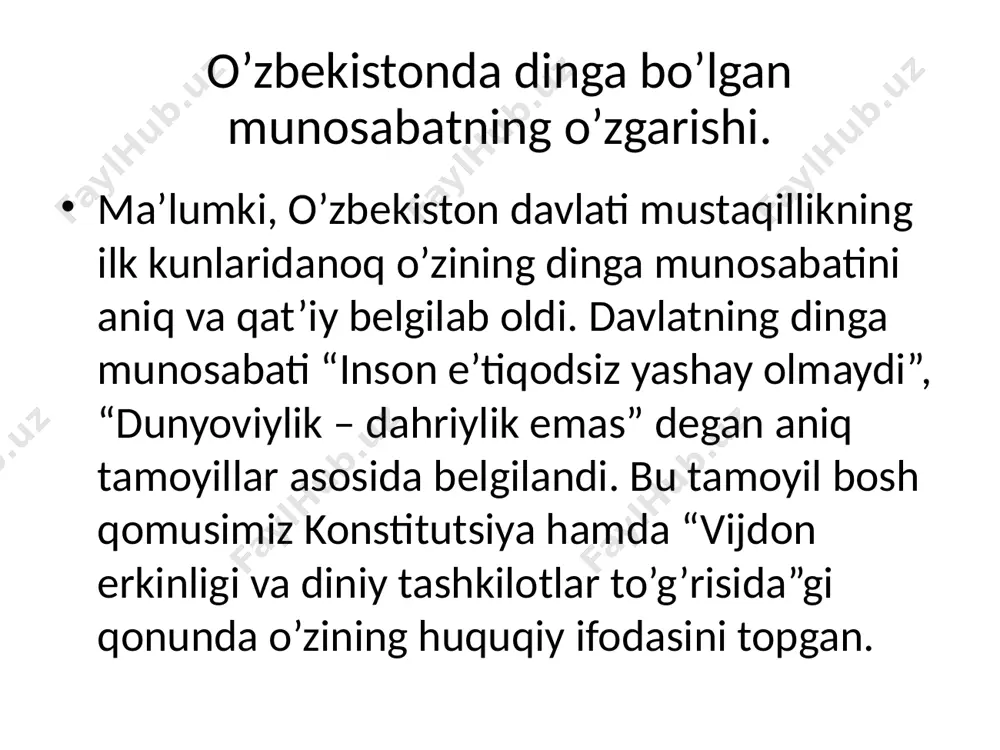 yetkazish, fuqarolarning konstitutsiyaviy huquq va erkinliklarini kamsitish, urushni, milliy, irqiy, etnik yoki diniy adovatni targ‘ib qilish, fuqarolarning sog‘lig‘i va axloqiga tajovuz qilish, fuqarolar totuvligini buzish, vaziyatni beqarorlashtiruvchi tuhmatdan iborat uydirmalarni tarqatish, aholi o‘rtasida sarosima uyg‘otish hamda shaxs, jamiyat va davlatga qarshi qaratilgan boshqa harakatlar sodir etish maqsadida dindan foydalanishga yo‘l qo‘yilmaydi (o’zbres vijdon erkinligi to’g’risidagi qonun 4-) bugungi kunda o’zbekiston respublikasida 16 diniy konfessiyaga mansub 2 238 diniy tashkilot faoliyat olib bormoqda. ulardan 2064 tasi islomiy, 157 tasi xristian, 8 tasi yahudiy, 6 tasi bahoiy jamoalari, bittadan krishnani anglash jamiyati va budda ibodatxonasidir. bulardan tashqari konfessiyalararo bibliya jamiyati ham faoliyat yuritmoqda. diniy tashkilotlar qaysi konfessiyaga taalluqliligidan qat’i nazar, faoliyat borasida bir xil huquqqa egadirlar. ushbu diniy tashkilotlarning emin-erkin faoliyat olib borayotgani ham yurtimizda hukm surayotgan diniy bag’rikenglikning amaliy ifodasidir. bugungi kunda dinga bo’lgan qiziqishning kuchayib borishi globallashuv jarayonlarining o’ziga xos in’ikosi deyish mumkin. zero, globallashuv dunyoni bir butun va yaxlit …