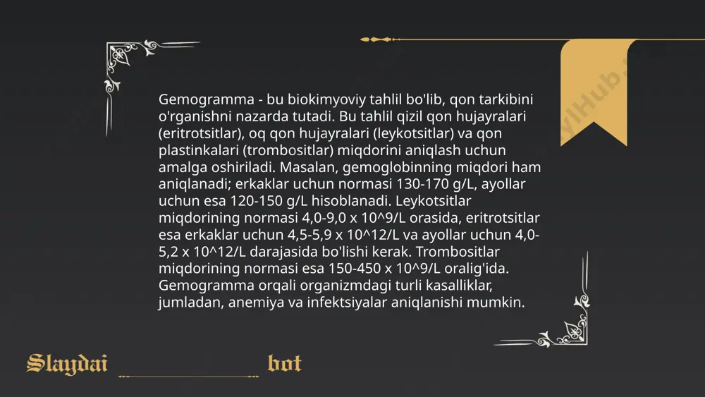 di. ... t.me/slaydai_bot oqsil hujayralari organizmlarda turli biologik rollarni bajaruvchi asosiy molekulalardir. ularning turlari va vazifalari quyidagicha: 1) fermentlar: katalitik faollikka ega bo'lib, kimyoviy reaksiyalarni tezlashtiradi. 2) transport oqsillari: molekulalarni hujayra ichida va tashqarisida tashiydi, masalan, gemoglobin kislorodni tashiydi. 3) struktura oqsillari: hujayra tuzilishini qo'llab-quvvatlaydi, masalan, kollagen va keratin. 4) himoya oqsillari: immun javobda ishtirok etadi, masalan, antikorlar. 5) retseptor oqsillari: signal molekulalarini qabul qiladi va hujayraning javobini boshqaradi. 6) harakat oqsillari: harakat qilishga imkon beradi, masalan, aktin va miyozin mushak qisqarishida. ushbu funksiyalar hujayralarning samarali ishlashini ta’minlaydi. har xil yoshdagi bolalarda gemogramma xabibullayeva mohlaroyimning bkp fanidan e'tiboringiz uchun raxmat! image1.png image2.png image3.png /docprops/thumbnail.jpeg