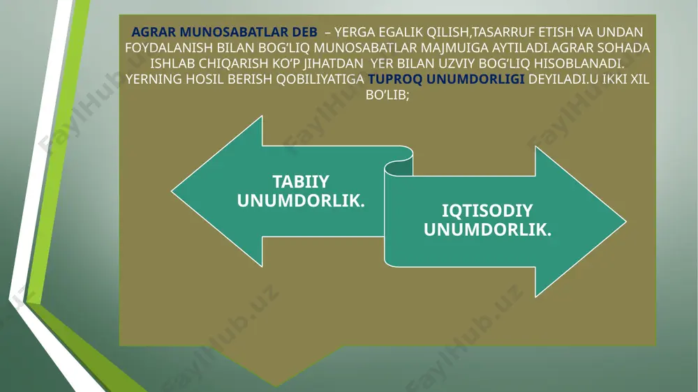 rajasi bilan bog’liq holda vujudga keladi. absolyut renta. qishloq xo’jaligida yerga bo’lgan mulkchilik monopoliyasi natijasida vujudga kelib,barcha turdagi-yaxshi,o’rtacha va yomon yerlardan olinadi. monopol renta. alohida tabiiy sharoitga ega bo’lgan,noyob qishloq xo’jalik maxsulotlari yetishtiriladigan yerlardan olinadigan renta. undirma sanoatda renta. foydali qazilma konlarining yuza yoki chuqur joylashishi va ularning boyligi jihatidan farqlar natijasida vujudga keladi. yer narxi. yer va boshqa tabiat in’omlari narxi – irratsional narxlar deb ataladi.yer uchastkasining egasi uni sotishda olingan summani bankka qo’yilganda,u keltiradigan foiz tarzidagi daromad shu yer uchastkasidan olinadigan rentadan kam bo’lmagan taqdirdagina yerni sotadi-boshqacha aytganda, esa yerning narxi kapitallashtirilgan rentadir.yerning narxi ikki miqdorga bog’liq. 1.yer uchastkasi egasi olish mumkin bo’lgan yer rentasi miqdoriga. 2.ssuda foizi me’yoriga. agrosanoat integratsiyasi va agrobiznes. agrosanoat integratsiyasi agrosanoat majmuasi agrobiznes agrofirma agrosanoat integratsiyasi. agrosanoat majmuasi. -qishloq xo’jaligi bilan sanoat,ayniqsa,unga xizmat qiluvchi va mahsulotni iste’molchiga yetkazib beruvchi tutash tarmoqlar o’rtasida ishlab chiqarish aloqalarining rivojlanishi hamda ularning birikish jarayonidir. agrobiznes – xo’jalik …