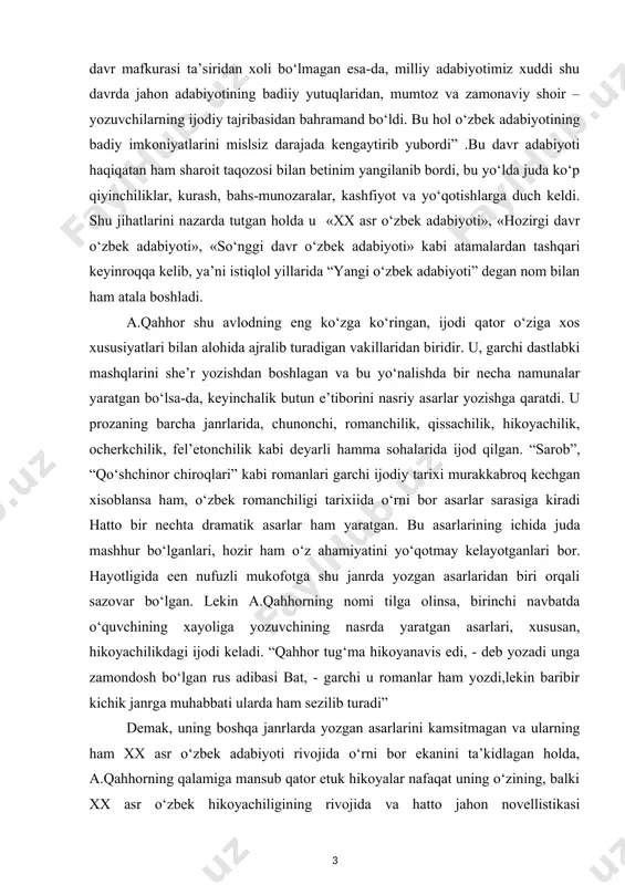 ining “anor”, “bemor”, “o‘g‘ri”, “tomoshabog‘” kabi qator hikoyalarini nazarda tushadi. kurs ishining maqsad va vazifalari: abdulla qahhor romanlarida ijtimoiy muhit ta’siri haqidagi ma’lumotlarni umumlashtirish va qisqacha tavsiflash. “sarob” romani xx asr oʻzbek adabiyoti tarixiy taraqqiyotida gʻoyat noyob badiiy asar. “sarob”romani va zanjirband etilgan ichki intilishlar muammosi kurs ishi ob’yekti va predmeti abdulla qahhor asarlarida mavzu rang-barangligi va ularda ijtimoiy muhitning aks etishi. “sarob” romani paydo bo‘lishi va unga ijtimoiy muhitning tasiri.romandagi qahramonlar va dоʻstlik, mehr, ishonch tuygʻulari. kurs ishning tadqiqot uslubi va uslubiyoti: ilmiy ommabop manbalardan tоʻplangan ma’lumotlar tahlil qilib,xulosa va takliflar qilish. kurs ishi tuzilishi: bajarilgan kurs ishi kirish qismi, ikkita bob va qilingan xulosalardan iborat. ishda оʻrganilishi e’tiborga olingan ma’lumotlar tushunarli ravishda ifodalash uchun chizma jadvallar va rasmlar berildi.ishga qоʻyilgan maqsadga erishishi uchun tоʻplangan adabiyotlar manbalarning nomlari va elektron manzillari keltirildi. i bob. abdulla qahhor ijodining xx asr o‘zbek adabiyotida tutgan o‘rni 1.1. abdulla qahhor – hozirgi оʻzbek …