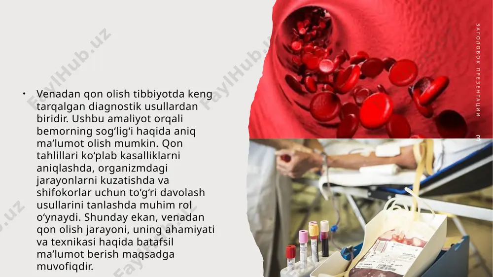 lan chiqariladi va olingan qon saqlash idishiga joylashtiriladi. dezinfeksiyalovchi mato yoki paxta bilan igna kirgan joy bosib turiladi, so‘ngra bir necha daqiqaga bandaj bog‘lanadi. 7. keyingi parvarish bemor qon olgan joyni bir necha daqiqa bosib turishi kerak, shunda qon ketish to‘xtaydi va ko‘karish bo‘lmaydi. bemor jarayondan keyin qandaydir noqulaylik sezsa, bu haqda shifokorga yoki hamshiraga ma’lum qilishi kerak. 113-a guruh talabasi orifov ramziddin 12 venadan qon olish ikp 2024 image2.png image1.png image3.png image4.png image5.png image6.png image7.png image8.png image9.png image10.png image11.png image12.png image13.png image10.png