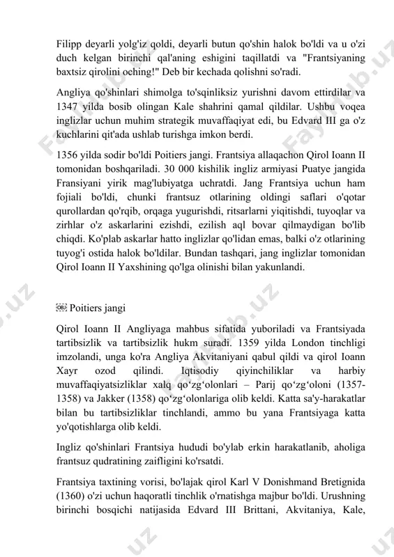 h olib borish uchun juda keksa edi va angliya o'zining eng yaxshi harbiy rahbarlarini yo'qotdi. konstebl bertran dugueklin ehtiyotkor strategiyaga amal qilgan holda, bir qator harbiy yurishlarda, yirik ingliz qo'shinlari bilan to'qnashuvlardan qochib, poitiers (1372) va berjerak (1377) kabi ko'plab shaharlarni ozod qildi. frantsiya va kastiliyaning ittifoqdosh floti la rochelleda g'alaba qozondi va bu jarayonda ingliz eskadronini yo'q qildi. frantsiya qiroli karl v harbiy muvaffaqiyatlardan tashqari o'z mamlakati uchun ko'p ishlarni qila oldi. u soliq tizimini isloh qildi, soliqlarni kamaytirishga muvaffaq bo'ldi va shu bilan frantsiyaning oddiy aholisi hayotini osonlashtirdi. u armiyani qayta tashkil qildi, uni tartibga soldi va uni yanada to'pladi. u dehqonlar hayotini osonlashtirgan bir qator muhim iqtisodiy islohotlarni amalga oshirdi. va bularning barchasi - dahshatli urush davrida! charlz v le sage a réorganisé l'armée, a tenu une série de reformes économiques visant à stabilizer le pays, a réorganisé le système fiscal. grace au connétable bertrand du guesclin …