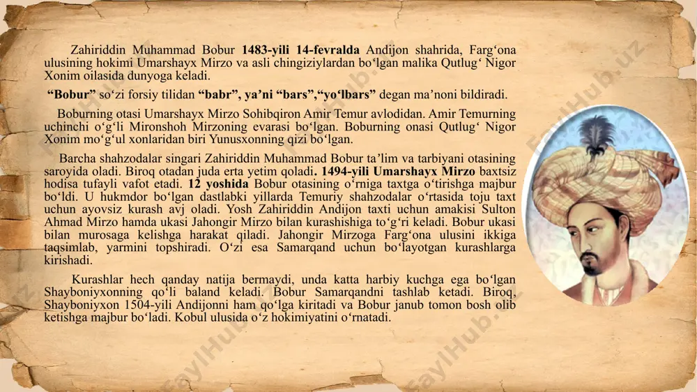 mrining soʻnggigacha vatan sogʻinchi uning sheʼriyatiga koʻchgan desak mubolagʻa boʻlmaydi. bu mavzular bobur gʻazallari, ruboiylarida keng yoritilgan. shu bilan birgalikda bobur lirikasida yuksak va oliyjanob insoniy tuygʻular, adolatparvarlik, insonparvarlik tuygʻularini madh etgan. xalqda uning: har kimki vafo qilsa, vafo topqusidir, har kimki jafo qilsa, jafo topqusidir. yaxshi kishi koʻrmagʻay yomonligʻ hargiz har kimki yomon boʻlsa, jazo topqusidir. ruboiysi mashhur. bobur sheʼriyatini asosan ishqiy mavzudagi asarlar tashkil etadi. ishqiy gʻazallarda bobur hazrat navoiydan ilhomlangan boʻlsa ajab emas. bobur sheʼriyatida axloq va diniy mukammallik masalalari ham koʻtarilgan. lirikasining oʻziga xosligi shundaki, u asarlarini nihoyatda sodda, samimiy, hammaga tushunarli boʻlgan tilda yozishga harakat qilgan. gʻazal va ruboiylarida balandparvoz soʻzlar, mukammal iboralarni qoʻllamagan. xususan, bu haqida u oʻz “boburnoma” asarida ham toʻxtalib oʻtgan: “ravshan va toza so‘zlar yordamida, soddaroq yoz: va senga ham, seni xatingni oʻqugʻanga ham oson boʻladi”. oʻzni, koʻngul, aysh bilan tutmoq kerak, bizni unutqonni unutmoq kerak. ayshu tarab gulbunigʻa suv berib, …