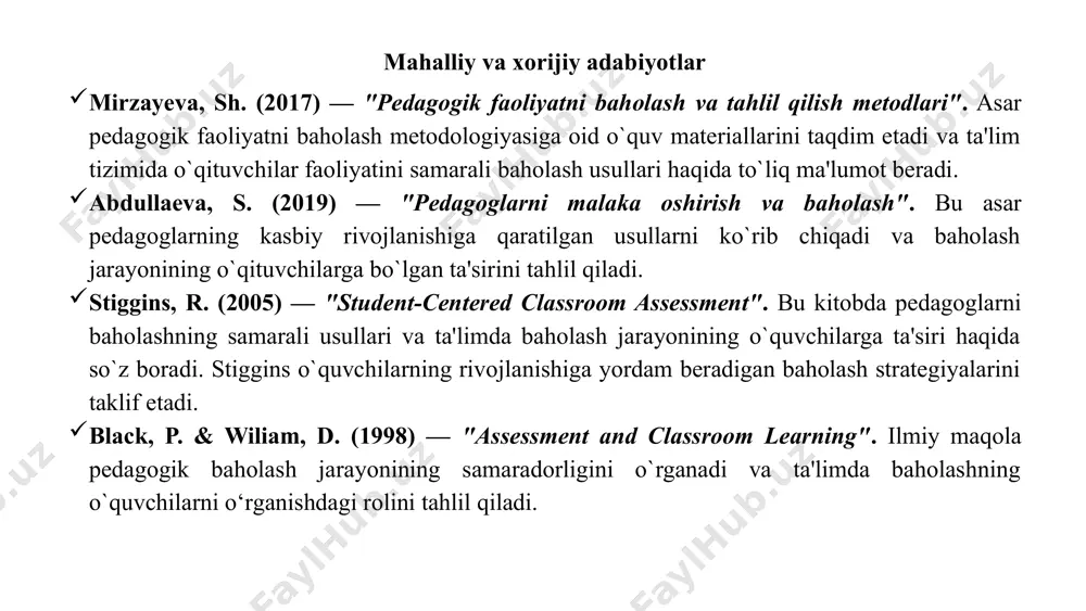 rning natijalari, darsning samaradorligi, innovatsion yondashuvlar va pedagogning o`zi tomonidan qilgan ishlar hisobga olinishi kerak. pedagoglar o`rtasida fikr almashish va o`z tajribalari bilan bo`lishish, shu bilan birga, ma'lum baholash natijalari bo`yicha o`zaro yordam ko`rsatish. pedagoglar faoliyatini baholashda yangi texnologiyalar, masalan, elektron baholash tizimlari yoki videodarslarni ko`rib chiqish. amalga oshirish chora-tadbiri t/r muammo amalga oshirish mexanizmi mas`ullar muddat natija 1 ba`zan baholash natijalari noto`g`ri tahlil qilinadi yoki to‘g‘ri ishlov berilmaydi. baholash tizimini takomillashtirish maktab rahbarlari har chorakda pedagoglarning rivojlanishiga to`g`ri yo`naltirishni qiyinlashtiradi. 2 baholash natijalari tahlil qilinib, tahlil natijalari asosida pedagoglarga zarur rivojlanish rejalarini ishlab chiqish lozim samarali metodlar va natijalarga asoslangan rivojlanish strategiyalari pedagoglarning sifatli faoliyat yuritishiga yordam beradi maktab direktori va o`tibdo` har chorakda baholash natijalari tahlil qilinib, ularning asosida pedagoglarga zarur rivojlanish rejalarini ishlab chiqiladi 3 pedagoglarning faoliyatini tekshirish va baholashni takomillashtirish pedagoglarni baholashning aniq va obyektiv metodlarini ishlab chiqish maktab rahbari yil davomida ta'lim sifatini oshirish va …