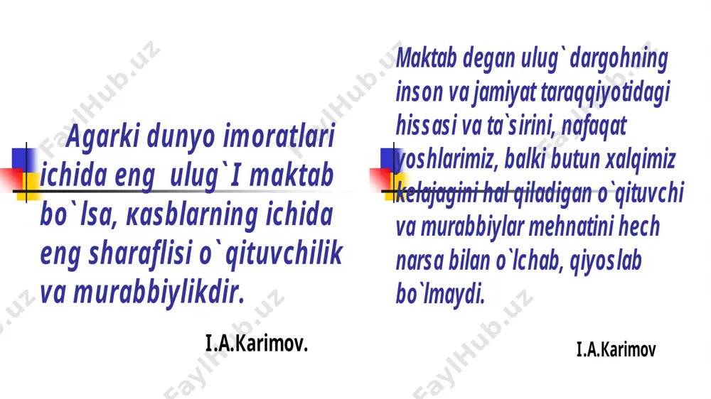 sida ham amalga oshiriladi. e`tiboringiz uchun rahmat. image2.jpg image3.emf image4.emf image5.jpeg image6.jpeg image7.jpg image8.jpg image9.jpg image10.jpg image11.jpg image12.jpg image1.jpg аgarkidunyoimoratlari ichidaeng ulug`imaktab bo`lsa, каsblarningichida eng sharaflisio`qituvchilik vamurabbiylikdir . i.а.каrimov. маktabdeganulug` dargohning insonvajamiyattaraqqiyotidagi hissasivata`sirini, nafaqat yoshlarimiz, balkibutunxalqimiz kelajaginihalqiladigano`qituvchi vamurabbiylarmehnatinihech narsabilano`lchab, qiyoslab bo`lmaydi. i.а.каrimov /docprops/thumbnail.jpeg