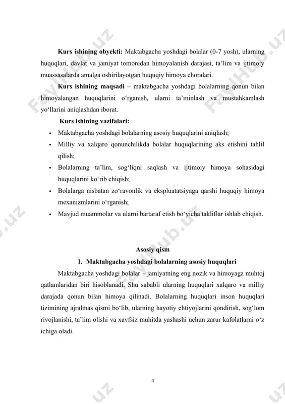 nstitutsiyasiga ko‘ra, bolalar bepul tibbiy xizmatdan foydalanish huquqiga ega. bundan tashqari, emlash dasturlari, bolalar parvarishiga oid dasturlar va salomatlikni mustahkamlash bo‘yicha chora-tadbirlar ham bolalarning rivojlanish huquqini ta’minlashga xizmat qiladi. bola tug‘ilishi bilanoq uning shaxs sifatida tan olinishi muhim. shuning uchun har bir bola tug‘ilganidan keyin darhol ro‘yxatga olinishi, unga ism-sharif berilishi va fuqarolik huquqi kafolatlanishi lozim. bola tug‘ilganlik haqidagi guvohnomaga ega bo‘lishi uning keyingi huquqlaridan foydalanishi uchun asos yaratadi. bu huquq bolaning shaxs sifatida jamiyatga integratsiyalashuvi, ijtimoiy himoya tizimidan foydalanishi va davlat tomonidan taqdim etiladigan imtiyozlardan bahramand bo‘lishini ta’minlaydi. maktabgacha yoshdagi bolalar ta’lim olish huquqiga ham ega. bmtning bola huquqlari to‘g‘risidagi konvensiyasi va o‘zbekiston respublikasining “ta’lim to‘g‘risida”gi qonuni bolalarga ta’lim olish huquqini kafolatlaydi. ta’lim bolaning aqliy, jismoniy va axloqiy rivojlanishi uchun muhim vosita hisoblanadi. maktabgacha ta’lim bolalarning intellektual va ijtimoiy qobiliyatlarini rivojlantirishga xizmat qiladi. shuning uchun davlat maktabgacha ta’lim muassasalarining faoliyatini qo‘llab-quvvatlashi va bolalarga bepul yoki arzon narxlarda ta’lim olish …