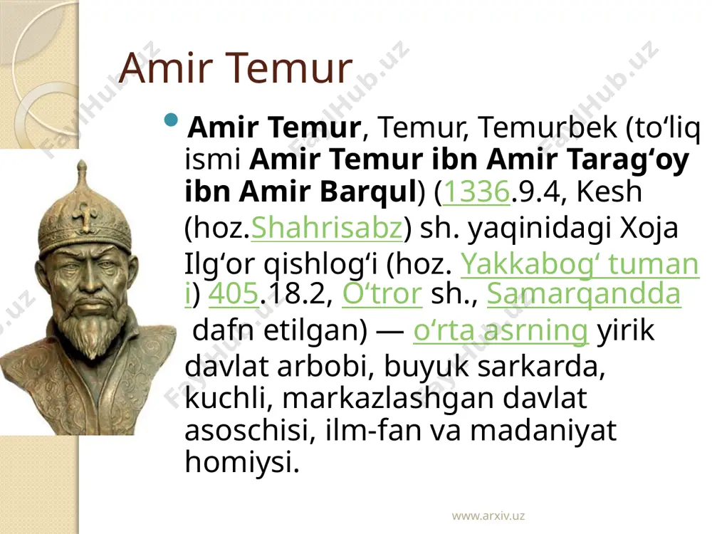 yaqinlashtirdi. xondamirning yozishicha, otasi amir taragʻoy amir temurni avval (1355) amir joku barlosning qizi nurmushk ogʻoga, soʻngra oʻsha yili (1355) qazagʻonning nabirasi va amir husaynning singlisi oʻljoy turkon ogoga uylantiradi. www.arxiv.uz "buyuk amir" sifatida saylanishi 14-a.ning 60-y.larida movarounnahrda hukm surgan nihoyatda ogʻir siyosiy va iqtisodiy vaziyat mamlakatni birlashtirib, kuchli bir davlat tashkil etishni taqozo qilmoqda edi. amir husayndan koʻra amir temur zamonining bunday talabini yaxshiroq tushunardi. shuning uchun ham oʻz faoliyatining dastlabki bosqichida barcha harakatni movarounnaxrda markazlashgan davlat tuzishga qaratadi. bunday maqsadni amalga oshirishda u ruhoniylar, harbiylar, savdogarlar va shahar hunarmandlari tabaqalariga suyanadi. amir temur tarqoq mamlakatni birlashtirishga kirishar ekan, kurashni avvalo ichki gʻanimlaridan boshlaydi. www.arxiv.uz 1370 y.ning 11 apr.da chigʻatoy ulusining barcha beklari, amirlari, viloyat va tumanlarning dorugʻalari hamda termizning sayyidlari (xudovandzodalari), shuningdek amir temurning yoshlikdan birga boʻlgan quroldosh doʻstlari va piri sayyid barakaning ishtirokida oʻtkazilgan qurultoyda anʼanaga koʻra chingiziylardan suyurgʻatmishxon mamlakat hukmdori deb eʼlon qilingan boʻlsada, amalda markaziy …