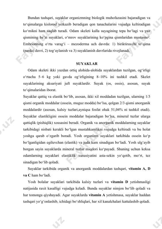 yopishgan joylarda periost bo‘lmaydi). periost yupqa, pushti rang biriktiruvchi to‘qimadan iborat. periostning o‘zi suyaklarning alohida teshiklaridan o‘tib, boradigan tolachalari vositasida suyakka mustahkam yopishib turadi . periost ikki qavatdan(13-rasm), ya’ni tashqi qavati tolali fibroz to‘qimadan, ichki qavati esa nerv va qon tomirlarga boy suyak hosil qiladigan qismdan iborat. qon tomirlar suyaklarga alohida oziq teshiklar (foramen nutricum) orqali boradi. periostning ichki qavati suyaklarni eniga o‘stiradi. suyaklarning bo‘g‘im hosil qiladigan sathlari bo‘g‘im tog‘aylari bilan qoplangan (bo‘g‘imlar haqidagi bobga qaralsin). suyak kovaklari, ilik bo‘shlig‘i (cavitas medullaris) hamma vaqt suyak iligi bilan to‘lgan bo‘ladi. ko‘pincha naysimon suyaklarda ilik markaziy bo‘shliq qismida joylashganligidan uni ilik bo‘shlig‘i (cavitas medullaris) yoki kanali deb ataladi. suyak iligi organizmda qon yaratadi va biologik himoya vazifasini bajaradi. suyaklarda uchraydigan o‘siqlarga (do‘mboqcha, g‘adur-budur va hokazo) apofiz (apophysis – o‘siq)lar, bo‘yinga metafiz yoki suyak bo‘yni (collum), suyak boshchasiga (capitulum), bo‘g‘im chuqurchasiga (fossa articularis) g‘adir-budur tepachalar (condylus) kiradi. suyaklar rivojlanishi odam embrionida suyaklar to`qimasi …
