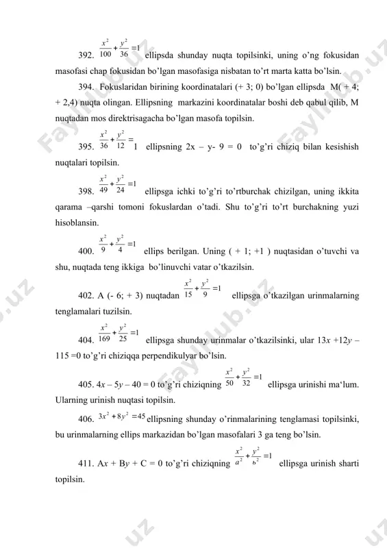 a) fokuslarning koordinatalari hisoblansin; в) ekstsentrisiteti hisoblansin; с) asimptotalarining va direktrisalarining tenglamalari yozilsin; d) qo’shma giperbolaning tenglamasi yozilsin va uning ekstsentisiteti hisoblansin. 440. giperbola asimptotlarining у = tenglamalarini va м ( + 12; +3nuqtasini bilgan holda, uning tenglamasi tuzilsin. 441. giperbola haqida quyidagilar ma‘lum bo’lsa, uning yarim o’qlari hisoblansin: a) fokuslari orasidagi masofa 8 ga direktrisalari orasidagi masofa 6 ga teng; b) direktrisalari tenglamalar bilan berilgan va asimtotalari orasidagi burchak – to’g’ri burchak; с) asipmtotalari tenglamalar bilan berilgan va fokuslari markazlardan 5 birlik masofada; asimptotalari tenglamalar bilan berilgan va giperbola nuqtadan o’tadi. 442. ikkita qo’shma giperboladan birining direktrisalari orasidagi masofa 7,2 ga, ikkinchisining direktrisalari orasidagi masofa 12, 8 ga tengligini bilgan holda, ularning tenglamalari yozilsin. 443. giperbolaning asimptotalari orasidagi burchak topilsin, uning: a)etsentrisiteti е=2; b) fokuslari orasidagi masofa direktrisalari orasidagi masofadan ikki marta katta. 444. quyidagi shartda giperbolaningekstsentrisiteti hisoblansin: a) asimptotlar orasidagi burchak 60ga teng; b) asimptotalar orasidagi burchak 900 …