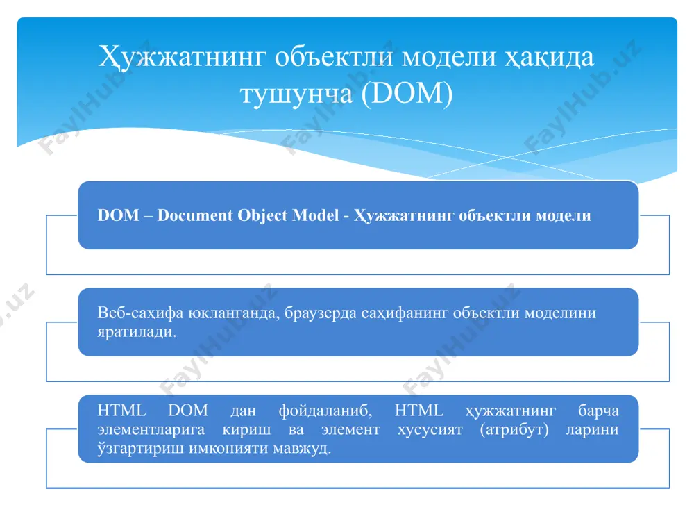 ш document.write(date()); javascript can change html hello world! document.getelementbyid("p1").innerhtml = "new text!"; the paragraph above was changed by a script. document.getelementbyid(id).innerhtml = new html ҳужжатнинг объектли моделида css хусусиятлари билан ишлаш my heading 1 click me! hello world! hello world! document.getelementbyid("p2").style.color = "blue"; document.getelementbyid("p2").style.fontfamily = "arial"; document.getelementbyid("p2").style.fontsize = "larger"; the paragraph above was changed by a script. document.getelementbyid(id).style.property = new style document.createelement(element), document.appendchild(element) this is a paragraph. this is another paragraph. var para = document.createelement("p"); var node = document.createtextnode("this is new."); para.appendchild(node); var element = document.getelementbyid("div1"); element.appendchild(para); insertbefore() this is a paragraph. this is another paragraph. var parag = document.createelement("p"); var node = document.createtextnode("this is new paragraph."); parag.appendchild(node); var element = document.getelementbyid("div1"); var child = document.getelementbyid("p1"); element.insertbefore(parag, child); document.removechild(element) this is a paragraph. this is another paragraph. remove element function myfunction() { var parent = document.getelementbyid("div1"); var child = document.getelementbyid("p1"); parent.removechild(child); } remove() this is a paragraph. this is another …