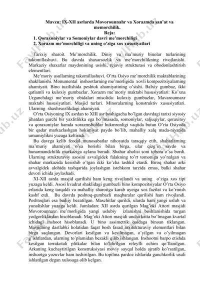 ix-xii asrlarda movorounnahr va xorazmda san’at va memorchilik — DOC
