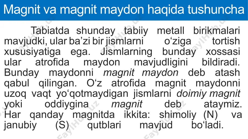 nsli mаgnit mаydоn induksiya chiziqlariga tik jоylаshtirilgаn. hаlqаdаn o‘tаyotgаn mаgnit оqimi qаndаy? 1-mashq 1-masala berilgan: formula: yechish: r = 4 cm = 0,04 m ф= b· δs ф=0,5 t∙3,14∙ b = 0,5 t ∙= ф= b· = 0,02512 wb = = 25,12 mwb t.k: ф-? j: ф = 25,12 mwb mavzuni o‘qish (4-6-betlar), 7-betdagi mavzuga doir savollarga javob yozish. 1-mashq (20-bet) 2-,3-masalalarni yechish. mustaqil bajarish uchun topshiriqlar image1.png media1.mp4 image2.png image3.jpg image4.jpg image5.jpg image6.png image7.jpg image8.jpg image9.png image10.png image100.png image11.png image12.png /docprops/thumbnail.jpeg