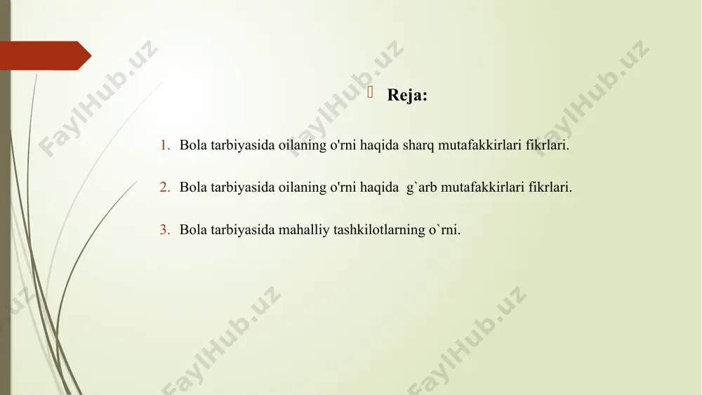 o’rsatish esa uni yanada faol bo’lishga undaydi. erka o’sgan bola faqatgtna shaxsiy manfaatlarini ko’zlaydigan, ma’suliyatsiz bo’lib voyaga yetadi. shuning uchun farzandning barkamol inson bo’lib yetishida onaning xizmati juda zarur va muhimdir. bolalik chog’ida farzandning qalbi o’ta yumshoq va ta’sirga beriluvchan bo’ladi. shu bois diniy ta’limotlarda bolalarni mehr bilan erkalash, farzandning bolalik davrini xursand o’tkazishga alohida e’tibor qaratiladi. ayniqsa, qiz bolaning ko’ngli nozik bo’lishini hisobga olib, ularga alohida mehr ko’rsatishga chaqiriladi. diniy ta’limotlarda ota-ona o’z farzandlariga ta’lim-tarbiya berishi ham dolzarb vazifalardan deb qaraladi. bu haqda muhammad (alayhissalom): “farzandlaringizga ta’lim bering, chunki ular sizniki bo’lmagan vaqt uchun tug’ilganlar”, deb har bir ota-onani bolaning o’z zamonasi ilm-fani, ta’limiga befarq qaramaslikka chaqirganlar. tarbiyada eng muhim vosita bu mehr va shirinso’zlik bilan tarbiyalashdir. bu ikki vosita bir bo’lib, bolani shakllantiradi. shu jumladan, ta’limni ham g’azab va jazolash bilan amalga oshirmagan ma’qul. zero, zo’rlab berilgan ta’lim bola xotirasidan tezda o’chib ketadi. oqibatda uning shu sohaga nisbatan …