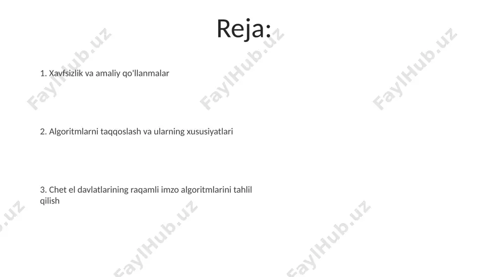 o'ynaydi. rsa algoritmi katta imzo o'lchamiga ega bo'lishi mumkin. raqamli imzo algoritmlarining samaradorligi, xavfsizlik darajasiga va ishlatilayotgan kalit uzunligiga (masalan, 2048 bit yoki undan yuqori) bevosita bog'liq bo'lib, katta kalit uzunligi yuqori xavfsizlikni ta'minlaydi. xulosa ba'zi davlatlar milliy xavfsizlikni ta'minlash maqsadida o'zlarining maxsus, milliy standartlarga moslashtirilgan raqamli imzo algoritmlarini qo'llaydilar. ko'pgina mamlakatlarda 2048 bitli rsa va 256 bitli elliptic curve cryptography (ecc) algoritmlari raqamli imzo standartlari sifatida keng qo'llanilmoqda. zaif tomonlar va hujumlar elliptik egri chiziqli kriptografiya (ecc) asosidagi algoritmlarda tasodifiy sonlar generatorining sifatsizligi imzo algoritmining xavfsizligiga salbiy ta'sir ko'rsatadi va tahlil qilishga imkon beradi. ba'zi raqamli imzo algoritmlarida 256 bitli kalitlarning ishlatilishi kriptografik zaifliklarga olib kelishi mumkin, bu esa hujumchilar uchun brute-force hujumlarini amalga oshirish ehtimolini oshiradi. adabiyotlar “adabiyotlar” bo‘limida raqamli imzo algoritmlarini tahlil qilishga oid kamida 50 dan ortiq ilmiy maqola va monografiyalar, shuningdek, 10 dan ortiq xalqaro standartlar tahlil qilingan. turli xil algoritmlar – rsa, ecdsa, dsa …