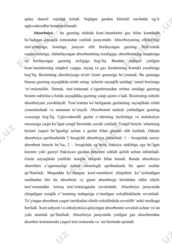 ni olish uchun ishlatiladi. gazlarni kom’onentlarga ajratish qiyin bo’lganligi uchun rektifikatsiyaga gazdan kondensatsiya, kom’ressiya yoki absorbsiya usuli bilan olingan suyuqlik beriladi. suyultirilgan gazlarni rektifikatsiyalashni neft fraksiyalarini rektifikatsiyalashdan farqi shuki, bunda qaynash tem’eraturalari bir-biriga yaqin bo’lgan kom’onentlar ajraladi. suyultirilgan gazlarning rektifikatsiyasi yuqori bosim ostida 8-10 m’a da olib boriladi. gazni fraksiyalash?urilmalarining sxemalari gazni fraksiyalash qurilmalari rektifikatsiya kolonnalarida barqarorlantirilmagan benzinni – c2h8 fraksiyalarini, c3h8 dan fraksiyalarini ajratish uchun qo’llaniladi. xozirgi zamon gazni fraksiyalash qurilmalarining mahsuloti quyidagi fraksiyalar yoki aloxida kom’onentlar xisoblanadi: barqarorlantirilgan benzin, etan fraksiyasi, texnik ‘ro’an, texnik butan, izo- va normal butan, izo va normal ‘entan. jadvalda misol tariqasida gazni fraksiyalash qurilmasida olinadigan mahsulotlarni tarkibi (%) keltirilgan. 6-jadval deetanlash gazini tarkibi [% (xajm)] sharoit n2 ch4 c2h6 c3h8 c4h10 c5+ rsh, mg/m3 loyixa 0,35 36,9 36,90 9,03 0,37 0,026 1 0,57 60,64 32,01 6,04 0,51 0,23 199,4 2 1,29 71,33 22,36 4,58 0,44 171 3 2,4 77,9 15,9 3,40 0,40 >> …