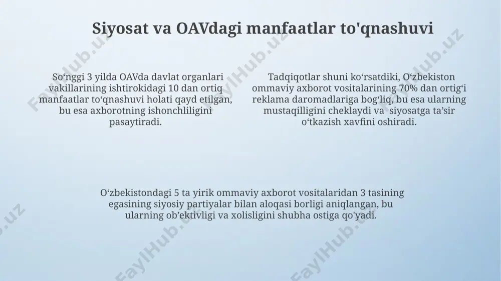 shonchning umumiy darajasi 15% ga kamayganligi kuzatilgan. axborot manbalarining 30% ga yaqini bir vaqtning o'zida bir nechta manfaatdor tomonlar bilan hamkorlik qilish orqali ob'ektivlik va xolisonalik tamoyillarini buzadi, bu esa axborotning ishonchliligini pasaytiradi. jamoatchilik nazorati va manfaatlar to'qnashuvi oavdagi 10 ta yirik kompaniyadan 7 tasida manfaatlar to'qnashuvi holatlari aniqlangan, bu esa jamoatchilik nazorati mexanizmlarining samarasizligini ko'rsatadi. jamoatchilik nazorati samaradorligini oshirish uchun 50 dan ortiq fuqarolik jamiyat tashkilotlari manfaatlar to'qnashuvi monitoringi bo'yicha hamkorlikni kuchaytirish taklifini berishdi. oxirgi 3 yilda 200 dan ortiq ommaviy axborot vositalarida aniqlangan manfaatlar to'qnashuvi holatlari bo'yicha 15 ta sud jarayoni boshlangan. sotqinlik va manfaatlar to'qnashuvi manfaatlar to'qnashuvi natijasida e'lon qilingan 5 tadan ortiq yolg'on axborotlar jamoatchilik orasida noto'g'ri tushunchalarni keltirib chiqarishi va ijtimoiy tartibsizlikka olib kelishi mumkin. oavdagi korrupsiya holatlarining 70% dan ortig'i manfaatlar to'qnashuvi bilan bog'liq bo'lib, bu ommaviy axborot vositalarining ishonchliligiga salbiy ta'sir ko'rsatadi va jamoatchilik fikriga ta'sir qiladi. "sotqinlik va manfaatlar to'qnashuvi" tushunchalari o'zaro …