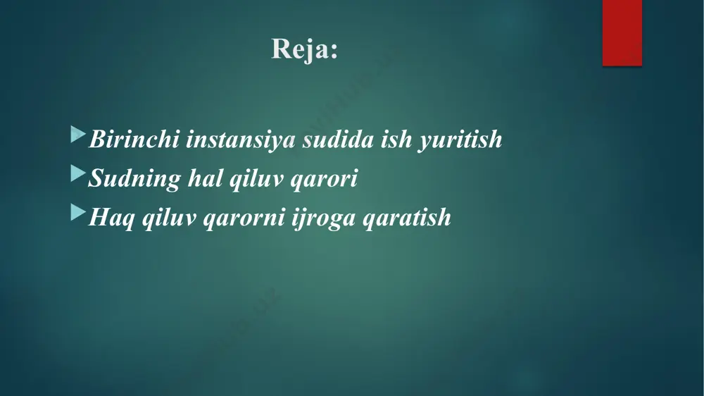 ing ko‘chirma nusxasi ishda ishtirok etuvchi shaxslarga u chiqarilgandan keyingi kundan kechiktirmasdan yuboriladi. sudya ushbu kodeks 130-moddasi birinchi qismining 1 va 3-bandlarida nazarda tutilgan talablarni buzgan holda berilgan arizani, agar arizaga davlat bojini to‘lashni kechiktirish, bo‘lib-bo‘lib to‘lash to‘g‘risidagi yoki arizachida mavjud bo‘lmagan dalillarni talab qilib olish haqidagi iltimosnomalar ilova qilingan hamda bu iltimosnomalar qanoatlantirilgan bo‘lsa, ish yuritishga qabul qilishga va ish qo‘zg‘atishga haqli. sudyaning ushbu kodeks 130-moddasi birinchi qismining 1 va 3-bandlarida nazarda tutilgan talablarni buzgan holda berilgan arizani ish yuritishga qabul qilish to‘g‘risidagi iltimosnomani qanoatlantirish haqidagi xulosasi arizani ish yuritishga qabul qilish to‘g‘risidagi ajrimda asoslantirilgan bo‘lishi kerak. ish ma’muriy,fuqarolik, iqtisodiy sudga taalluqli bo‘lmasa sudning ish yuritishida ayni bir shaxslar o‘rtasidagi, ayni bir predmet to‘g‘risidagi va ayni bir asoslar bo‘yicha nizo yuzasidan ish mavjud bo‘lsa ma’muriy sudning ayni bir shaxslar o‘rtasidagi, ayni bir predmet to‘g‘risidagi va ayni bir asoslar bo‘yicha nizo yuzasidan qabul qilingan, qonuniy kuchga kirgan hal qiluv qarori …