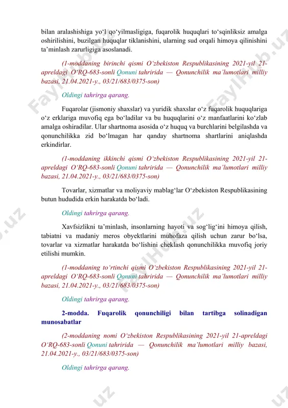 otlari milliy bazasi, 21.04.2021-y., 03/21/683/0375-son) oldingi tahrirga qarang. bir tarafning ikkinchi tarafga ma’muriy bo‘ysunishiga asoslangan mulkiy munosabatlarga, shu jumladan soliq, moliyaviy va boshqa ma’muriy munosabatlarga nisbatan fuqarolik qonunchiligi qo‘llanilmaydi, bundan qonunchilikda nazarda tutilgan hollar mustasno. (2-moddaning oltinchi qismi o‘zbekiston respublikasining 2021-yil 21-apreldagi o‘rq-683-sonli qonuni tahririda — qonunchilik ma’lumotlari milliy bazasi, 21.04.2021-y., 03/21/683/0375-son) oldingi tahrirga qarang. 3-modda. fuqarolik qonunchiligi hujjatlari fuqarolik qonunchiligi ushbu kodeksdan, ushbu kodeks 2-moddasining birinchi, to‘rtinchi va beshinchi qismlarida ko‘rsatilgan munosabatlarni tartibga soluvchi boshqa qonunlar hamda qonunchilik hujjatlaridan iborat. boshqa qonunlar va qonunchilik hujjatlaridagi fuqarolik qonunchiligi normalari ushbu kodeksga mos bo‘lishi shart. vazirliklar, idoralar va boshqa davlat organlari ushbu kodeksda, boshqa qonunlar hamda qonunchilik hujjatlarida nazarda tutilgan hollarda va doirada fuqarolik munosabatlarini tartibga soluvchi hujjatlar chiqarishi mumkin. (3-modda o‘zbekiston respublikasining 2021-yil 21-apreldagi o‘rq-683-sonli qonuni tahririda — qonunchilik ma’lumotlari milliy bazasi, 21.04.2021-y., 03/21/683/0375-son) oldingi tahrirga qarang. 4-modda. fuqarolik qonunchiligining vaqt bo‘yicha amal qilishi fuqarolik qonunchiligi hujjatlari orqaga qaytish kuchiga …