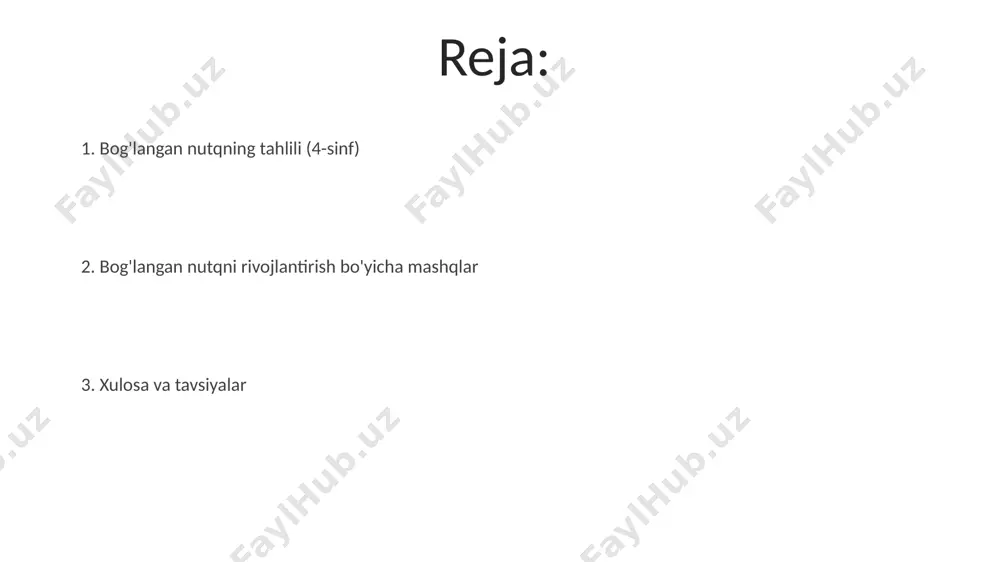 va pauzalar ritm va pauzalarni o‘rgatishda she’r o‘qish, jumlalarni 3-5 so‘zli qismlarga bo‘lish va har bir qismdan keyin pauza qilish usullari qarshi shahridagi maktablarning 70% da qo‘llanilmoqda. 4-sinf o‘quvchilarining nutqida ritm va pauzalarni tahlil qilishda, 10 ta turli gap tuzilmalarini o‘rganish va ularga mos pauza qo‘yish mashqlari samarqanddagi 2-maktab tajribasida samarali bo‘lgan. 4-sinf o'quvchilarining bog'langan nutq xususiyatlari 4-sinf oʻquvchilarining bogʻlangan nutqida, samarqand viloyati maktablarida oʻtkazilgan kuzatuvlarga koʻra, 70% ga yaqini soʻzlarni toʻliq talaffuz qilishda qiyinchiliklarga duch keladi, ayniqsa, murakkab fonetik tuzilmali soʻzlarda. taxminan 10-15 soʻzli gaplarni tuzishda, toshkent shahridagi 4-sinf oʻquvchilarining 60%i intonatsiya va pauzalarni notoʻgʻri qoʻllab, gapning mantiqiy tuzilmasini buzadi, bu esa nutqni tushunarsiz qiladi. reduksiya hodisasi редукция ҳодисасининг олдини олиш ва унинг даражасини пасайтириш учун 5-10 марта такрорий машқлар, ўқувчиларнинг нутқини аудио ёзувга олиш ва таҳлил қилиш каби усуллардан фойдаланиш самарали бўлиши мумкин, бу навоий вилоятидаги тажрибаларда исботланган. редукция ҳодисаси 4-синф ўқувчиларида, айниқса, 2-3 тадан ортиқ сўз бирикмаларида …