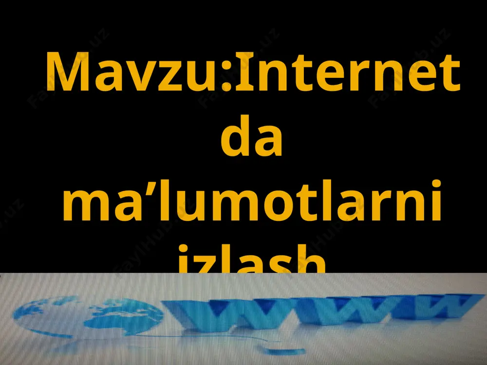 qidiruv tugmasi bosiladi. 1. larri peyj va sergey brin 1998 yilda google firmasiga asos solishdi.. 2. bugungi kunda google kompaniyasida 72 mingdan ortiq kishi ishlaydi. 3.google raqamli va mobil reklama bozorida yetakchilik qiladi . 4.google soni «gugol» so‘zidan olingan bo‘lib, 100 nolli raqamni anglatadi. 5.google aqshdagi eng yaxshi 10 ta mobil ilovadan 5 tasiga egalik qiladi: youtube, google play, google maps, gmail va google search. google haqida qiziqarli ma’lumot mavzuni mustahkamlash uchun savol va topshiriqlar. 1.internetdan kerakli axborotni topish uchun nimalarni bilish kerak? 2.qinday qidiruv tizimlari manzilini bilasiz uyga vazifa: internetdan elektron pochta haqida ma’lumotlar toping va daftaringizga yozib qo’ying? e’tiboringiz uchun raxmat! image2.png image3.png image4.jpeg image5.jpeg image6.gif image7.gif image8.png image9.jpeg image10.png image11.jpeg image12.png image13.png image14.png image15.png image16.jpeg image17.png image18.png image19.jpeg image20.jpeg image21.gif image22.jpeg image23.gif image24.png image25.png image26.png image27.png image28.gif image29.jpeg image30.gif image31.gif /docprops/thumbnail.jpeg