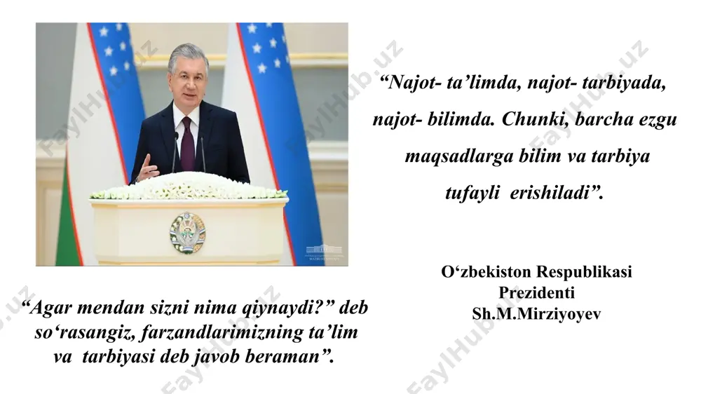 soblanadi, yangi kishini shakllantirish vazifalari bilan belgilanadi. tarbiya qoidalariga quyidagilarni kiritish mumkin: 5 4 2 3 1 tarbiyaning maqsadga qaratilganligi tarbiyada insonparvarlik va demokratiya qoidasi tarbiyada milliy va umuminsoniy qadriyatlarning ustunligi tarbiyada o‘quvchilarning yosh va shaxsiy xususiyatlarni hisobga olish izchillik, tizimlilik, tarbiyaviy ta’sirlarning birligi va uzluksizligi tarbiya jarayonining vazifalari a’zolarining maqsadga jamiyat rivojlanishi hamda ularning qator yo‘naltirilgan ehtiyojlarini qondirish uchun shart-sharoitlar yaratish; jamiyat rivoji uchun zarur bo‘lgan ijtimoiy madaniyatga mos yetarlicha hajmdagi «inson kapitali»ni tayyorlash madaniyatlarni uzatib turish orqali ijtimoiy hayotning barqarorligini ta'minlash ma'lum jins yoshi va ijtimoiy-kasbiy guruhlarning qiziqishlarini hisobga olgan holda ijtimoiy munosabatlar doirasida jamiyat a'zolarining harakatini tartibga solish. yaxlitligi uzoq muddatli jarayon ko‘p qirrali jarayon natijalarning oldindan aniqlanmasligi uzluksizligi variativligi ikki tomonlama aloqadorligi maqsadga yo‘naltirilgan- ligi tarbiyaning o‘ziga xos xususiyatlari tarbiya qonuniyatlari – bu bir tomondan, ijtimoiy hodisa sifatida tarbiyaning xususiyatlari, ikkinchi tomondan, shaxsning rivojlanishi bilan bog‘liq bo‘lgan barqaror aloqalar yig‘indisidir. tarbiya jarayoni qonuniyatlari tarbiya jarayonining qonuniyatlari …