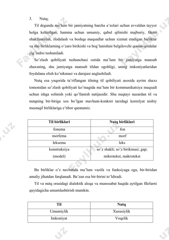alanadi. til va nutqning o’ziga xos jihatlari quyidagilarda namoyon bo’ladi. 1. til- munosabat asosi; nutq munosabat ifodasidir. 2. til jamiyatda shakllangan; nutq esa har bir shaxs faoliyatida namoyon bo’ladi. 3. tilning mavjudlik davri uzoq, ijtimoiy hayot bilan bog’liq; nutqning mavjudlik davri qisqa, u aytilgan paytdagina mavjud. 4. bir shaxs ayni zamonda bir nechs tilga ega bo’la oladi; shaxsning nutqi esa faqat bitta bo’ladi, negaki nutq ma’lum vaqtda va ma’lum makonda yuz beradi. 5. tilning hajmi noaniq, chegaralanmagan; nutqning hajmmi aniq: u dialog, monolog, ayrim matn, kitob ifodalari bo’ladi. 6. til qat’iy, turg’un hodisa; nutq o’zgaruvchan harakatdagi hodisadir. nutq jarayoni va so’zlash faoliyatini psixologik tilshunosllik o’rganadi. psixologik tiilshunoslik ham boshqa sohalar qatorida nutqni tiil bilan uzviylikda talqin etadi. til ma’lum miqdordagi nutq tovushlarining turli kombinatsiyasi bilan kishilar bir-birlariga bildiradigan so’zlar, grammatik vositalar va ulardan foydalanish qoidaliridan tashlik topgan, degan fikr xix asrning birinchi yarmidayoq qiyosiy grammatikachilar tomonidan ilgari surildi. hozir ham …