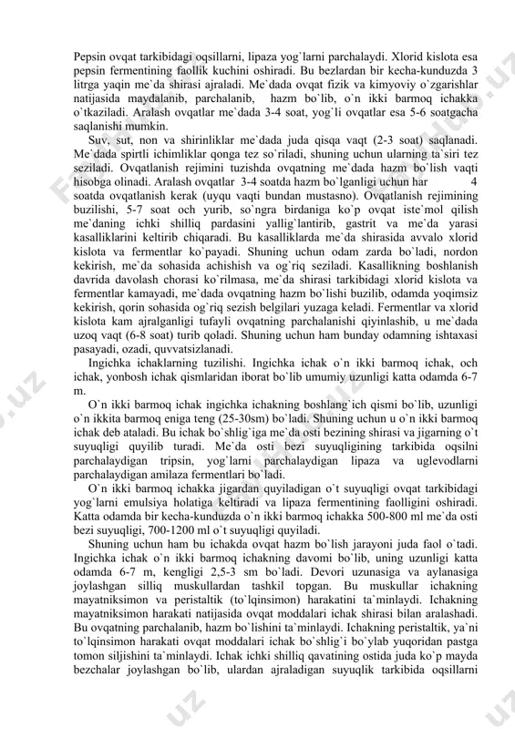 bеzlarining roli. og`iz bo`shlig`iga uch juft: til osti, jag` osti, quloq oldi so`lak bеzlarining kanalchalari ochiladi. bu bеzlardan ajralgan so`lak og`iz bo`shlig`iga quyilib, ovqatni ho`llab, uning yutilishini qulaylashtiradi. so`lak tarkibida uglеvodlarni parchalovchi ptialin fеrmеnti bo`ladi. shuning uchun non og`izda ko`proq chaynalsa, shirin maza bеradi. so`lak tarkibida lizotsim dеgan modda bo`lib, u og`iz bo`shlig`iga tushgan mikroblarni eritib yuborish xususiyatiga ega. halqum va qizilo`ngachning tuzilishi. halqum (tomoq) og`iz bo`shlig`ining davomi bo`lib, u shilliq va muskul qavatlardan iborat. uning uzunligi katta odamda o`rtacha 15 sm bo`lib, uch qismga - burun, og`iz va hiqildoqqa bo`linadi. halqumning vazifasi ovqatni og`iz bo`shlig`idan qizilo`ngachga, havoni burun bo`shlig`idan hiqildoqqa o`tkazishdan iborat. halqumning pastki qismi qizilo`ngachga tutashadi. qizilo`ngach o`rtacha 23-25 sm bo`lib, shilliq va muskul qavatdan iborat. u ko`krak qafasi to`sh suyagining orqa qismida joylashgan. vazifasi ovqatni tomoqdan me`daga o`tkazishdan iborat. mе`daning tuzilishi. mе`da (oshqozon) qorin bo`shlig`ining yuqori qismida, diafragma ostida joylashgan. u to`rt qismdan: kirish, tubi, tanasi va …
